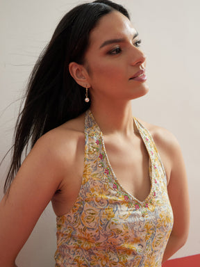Beige Floral Embroidered Halter Neck Kurta With Straight Pant-Shae by SASSAFRAS