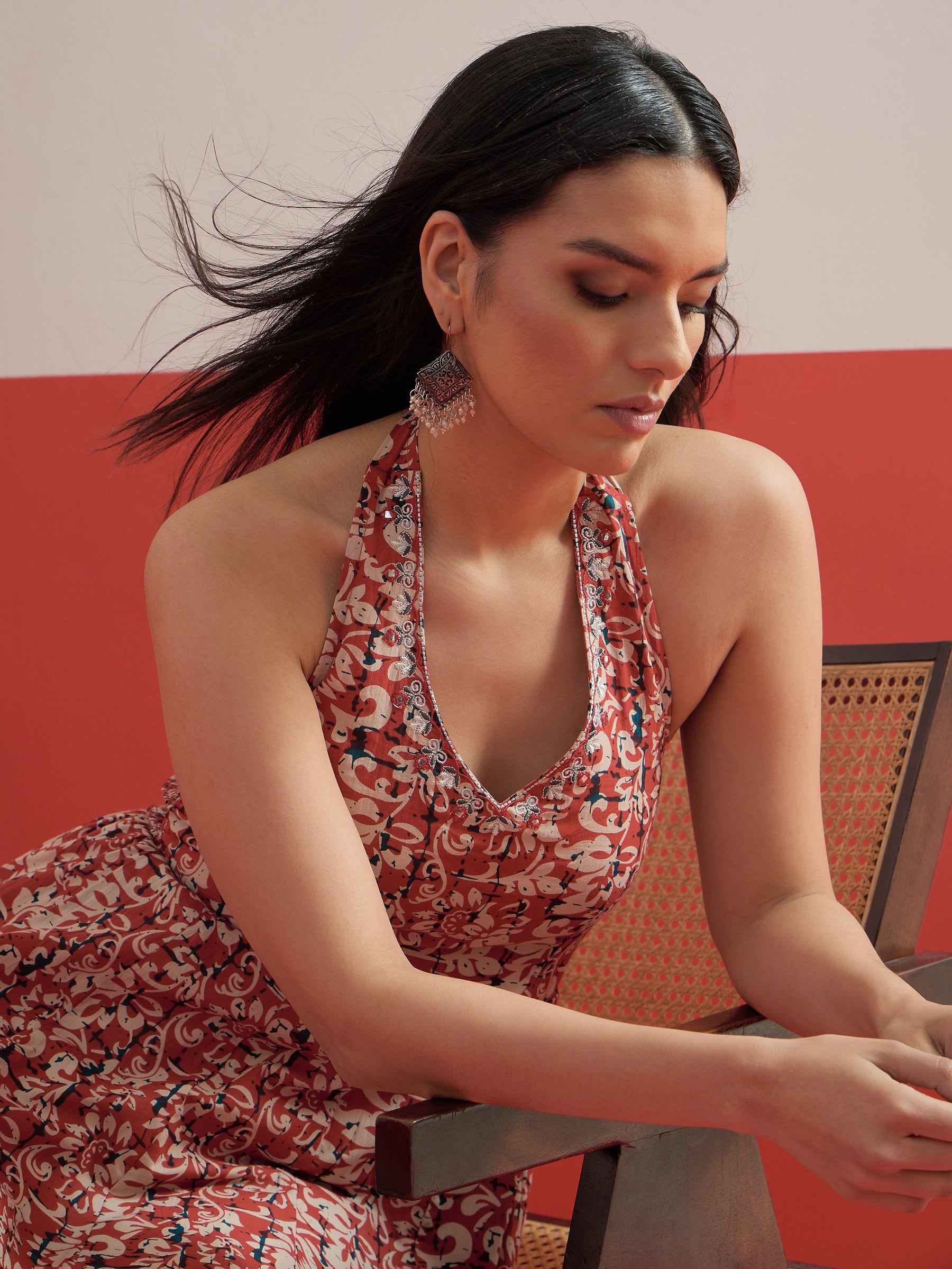 Red Floral Embroidered Halter Neck Kurta -Shae by SASSAFRAS