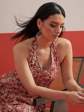 Red Floral Embroidered Halter Neck Kurta -Shae by SASSAFRAS
