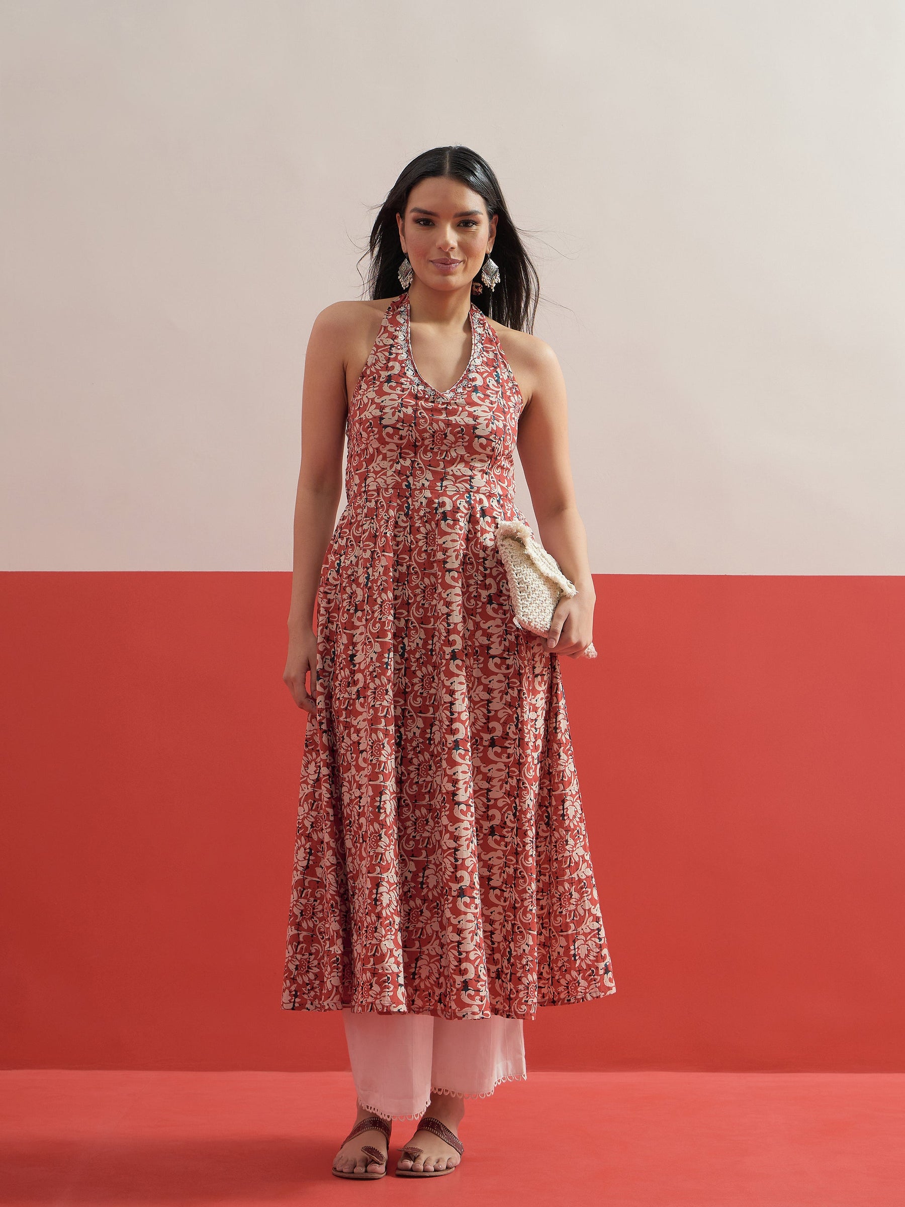 Red Floral Embroidered Halter Neck Kurta -Shae by SASSAFRAS
