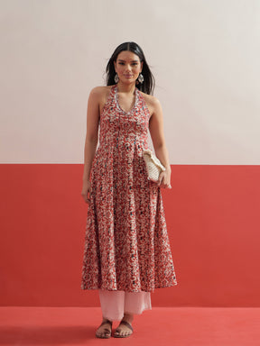 Red Floral Embroidered Halter Neck Kurta -Shae by SASSAFRAS