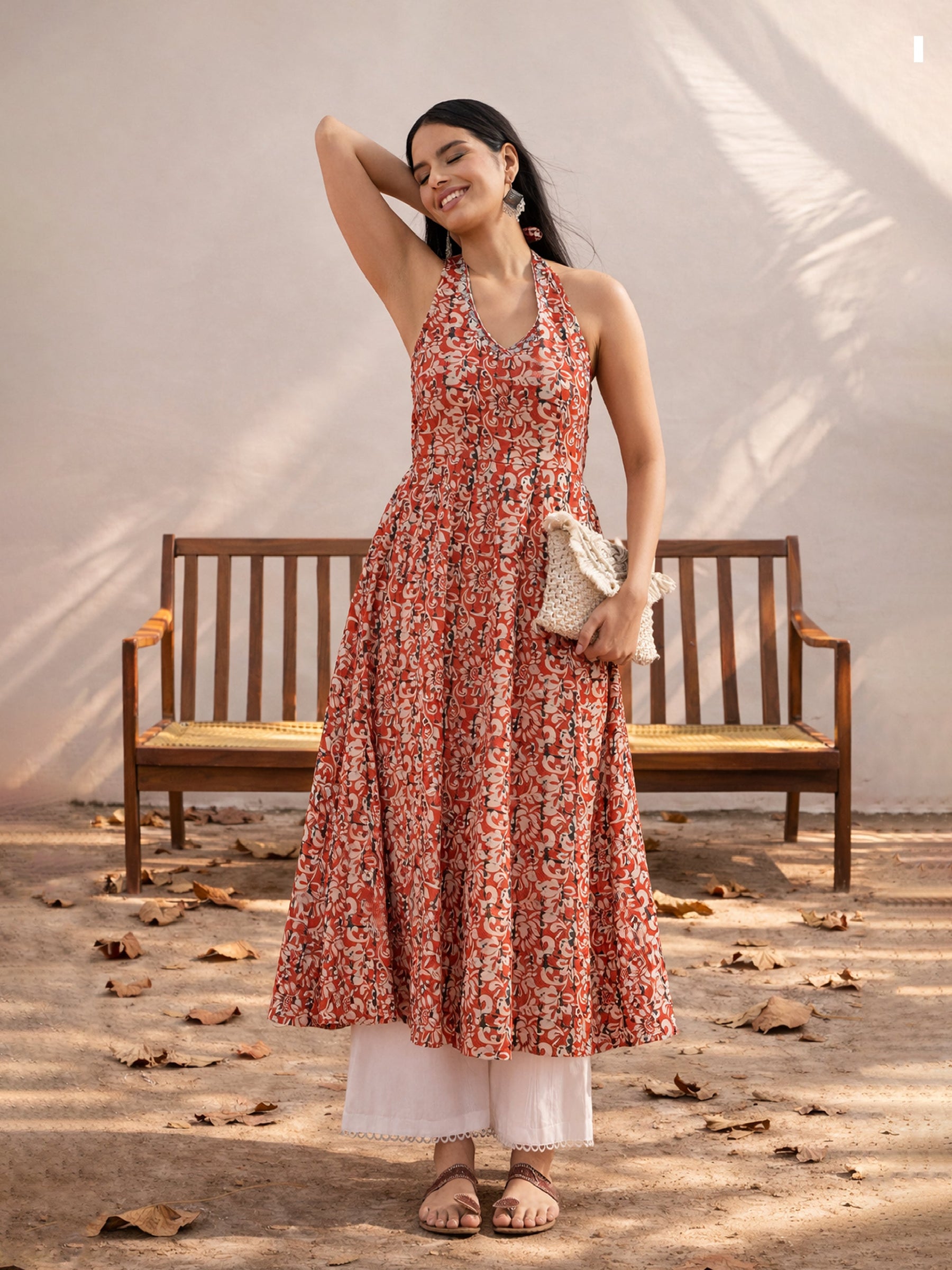 Red Floral Embroidered Halter Neck Kurta With Straight Pant-Shae by SASSAFRAS