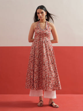 Red Floral Embroidered Halter Neck Kurta With Straight Pant-Shae by SASSAFRAS