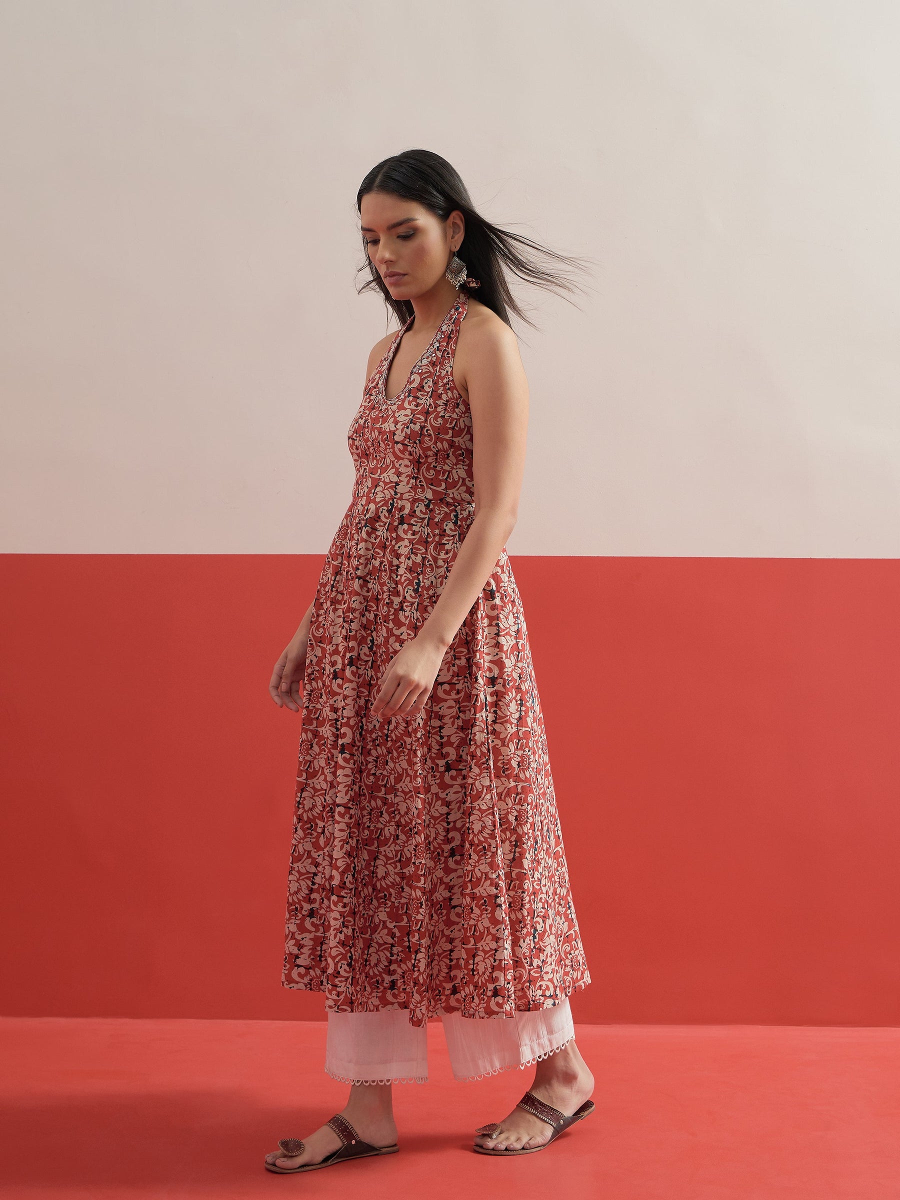 Red Floral Embroidered Halter Neck Kurta With Straight Pant-Shae by SASSAFRAS