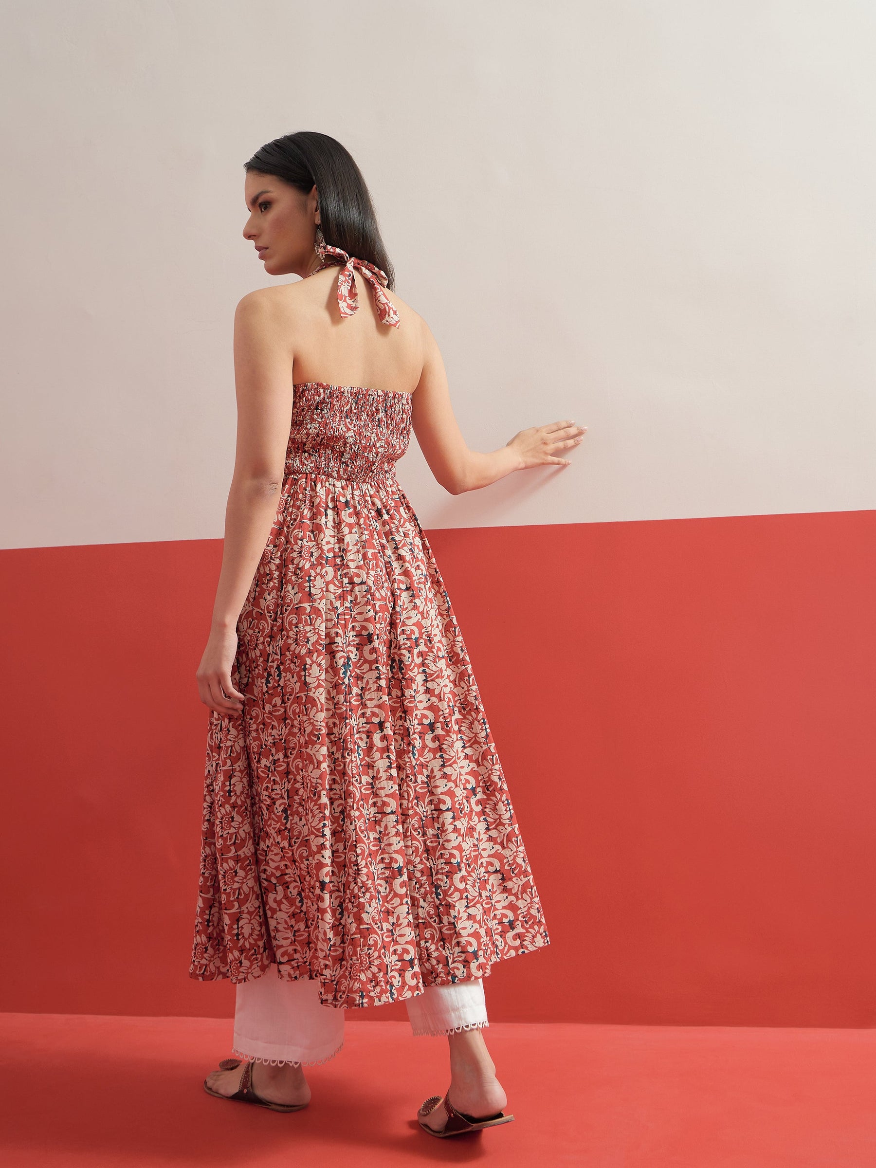 Red Floral Embroidered Halter Neck Kurta With Straight Pant-Shae by SASSAFRAS