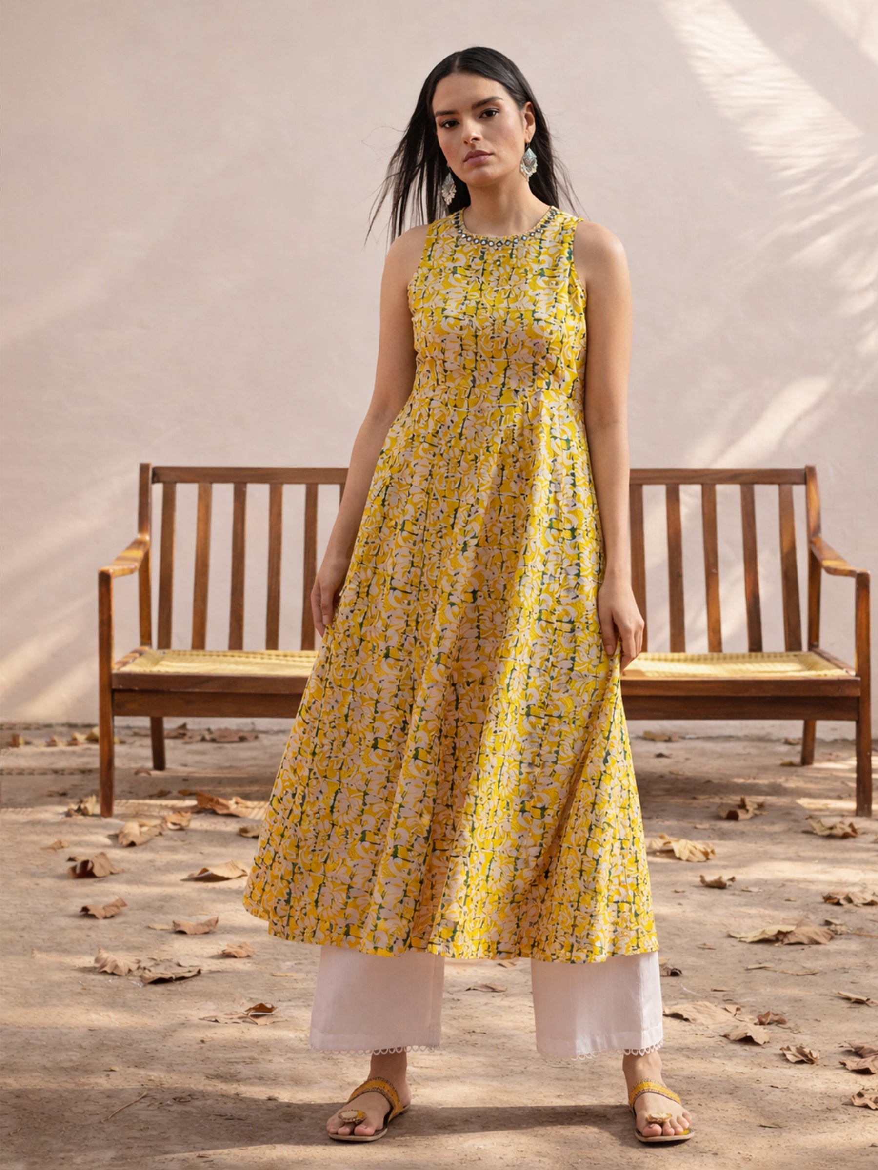 Yellow Floral Embroidered Sleeveless Kurta -Shae by SASSAFRAS