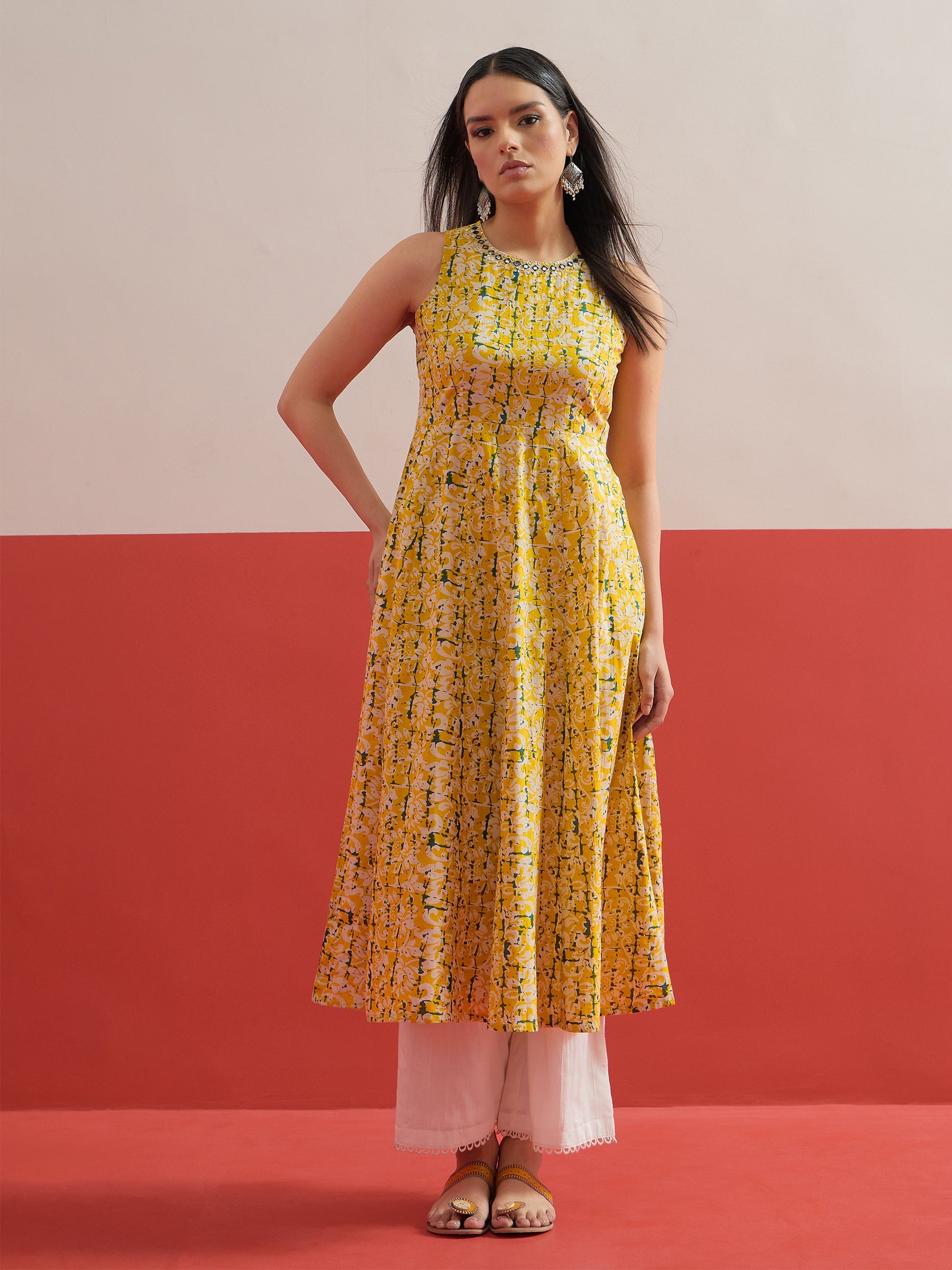 Yellow Floral Embroidered Sleeveless Kurta -Shae by SASSAFRAS