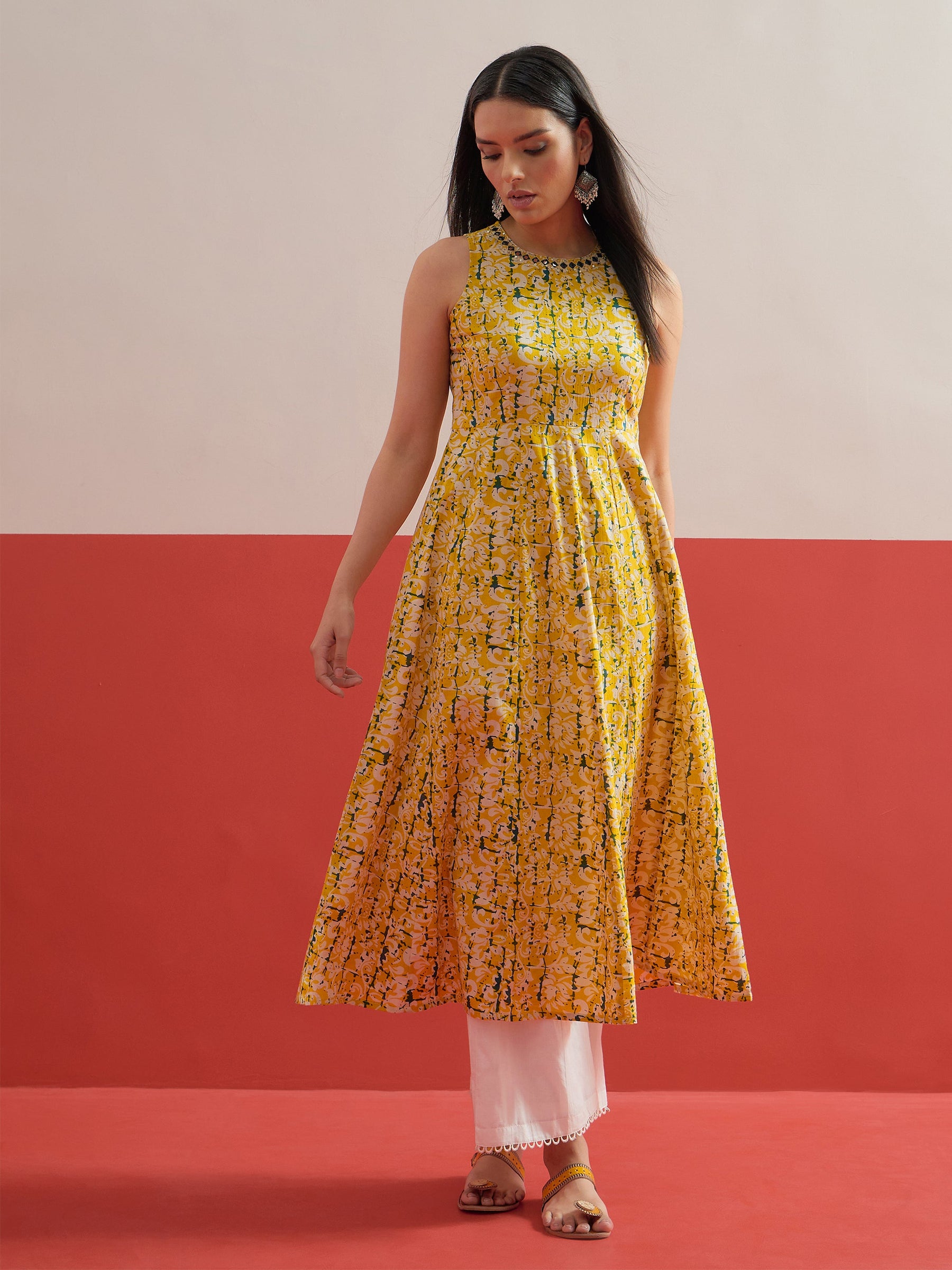 Yellow Floral Embroidered Sleeveless Kurta With Straight Pant -Shae by SASSAFRAS
