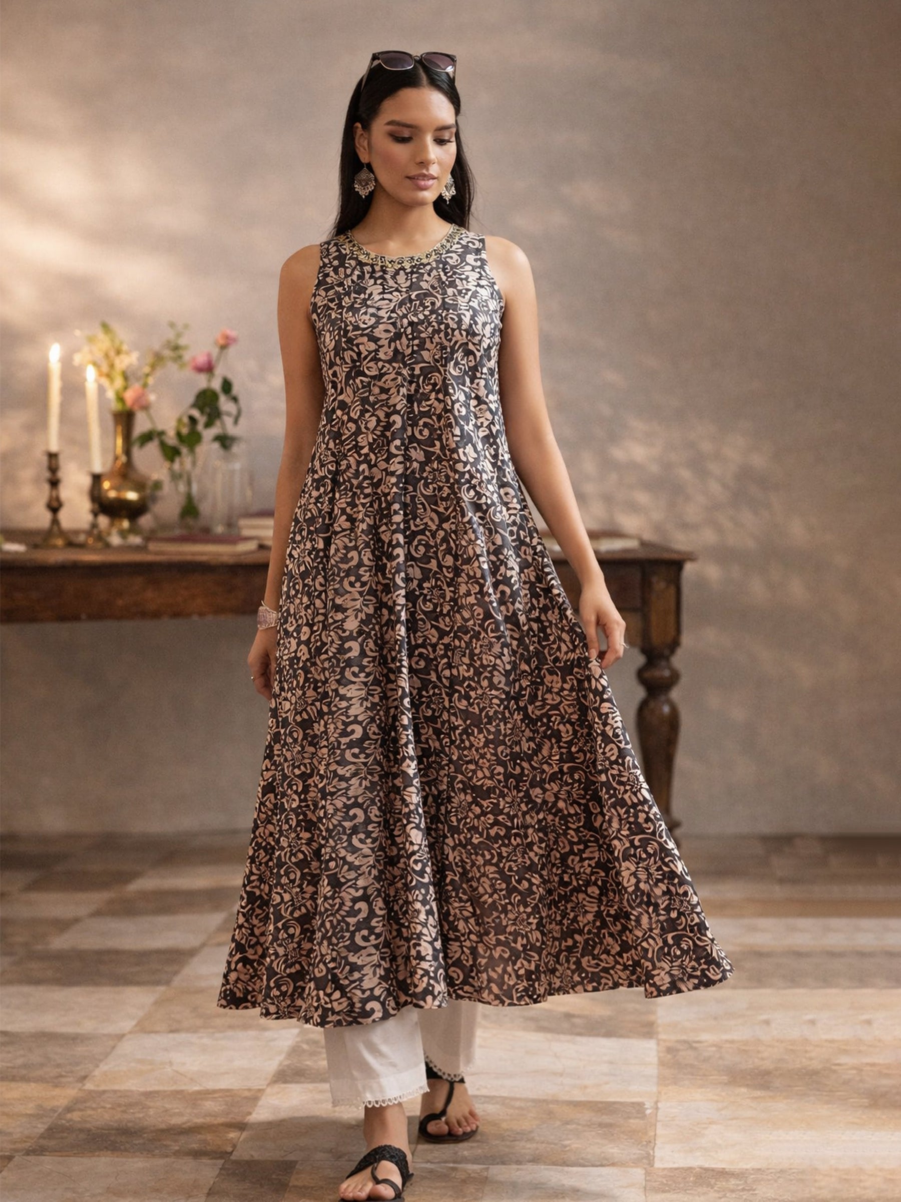 Dark Grey Floral Embroidered Sleeveless Kurta With Straight Pant-Shae by SASSAFRAS