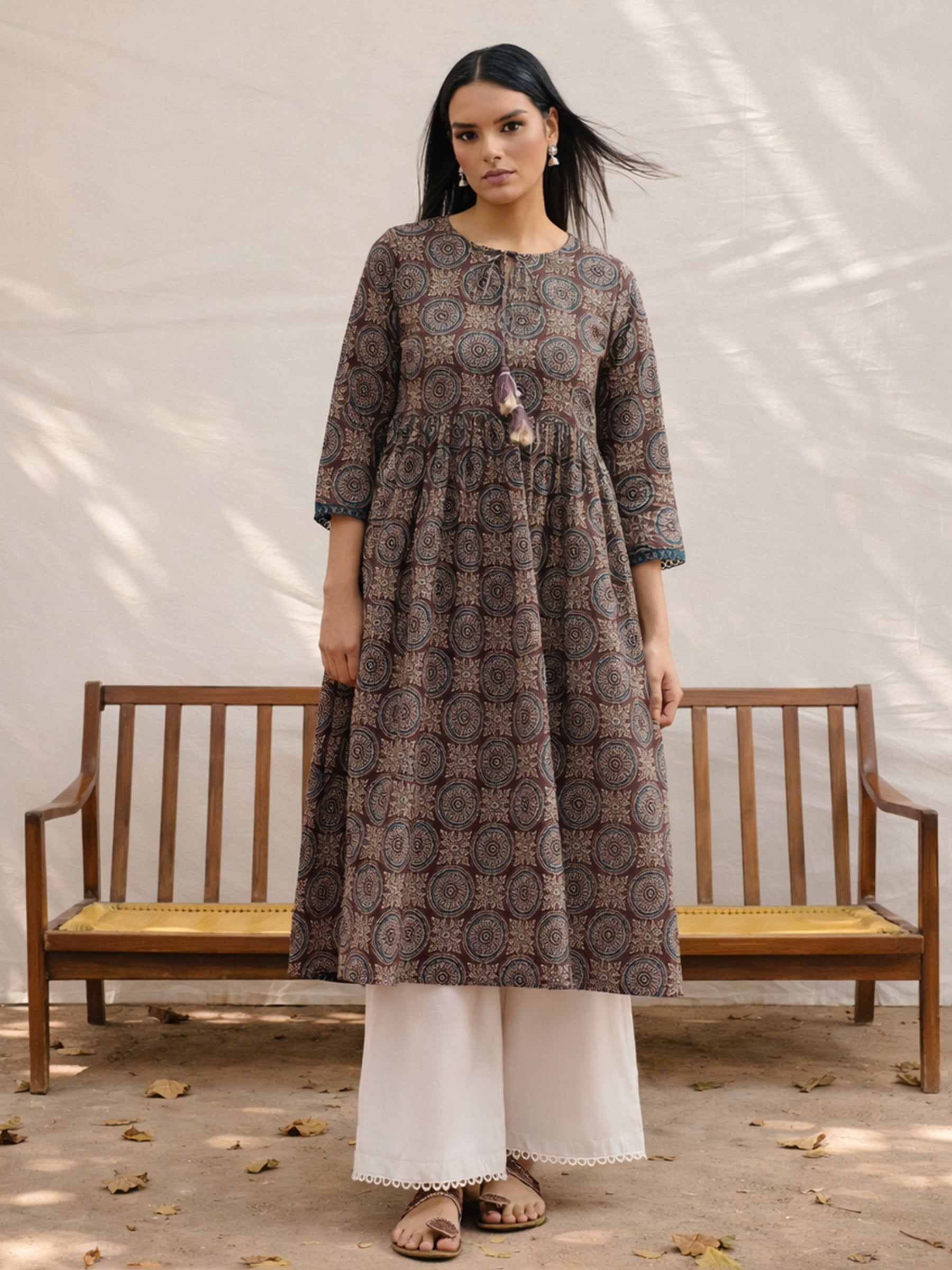 Brown Geometric Print Gathered Kurta-Shae by SASSAFRAS