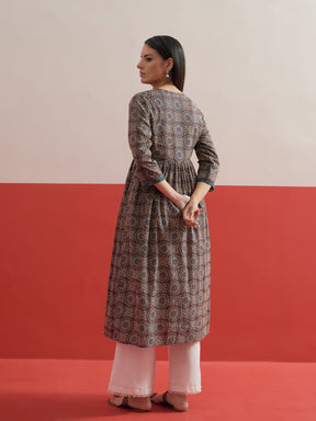 Brown Geometric Print Gathered Kurta-Shae by SASSAFRAS