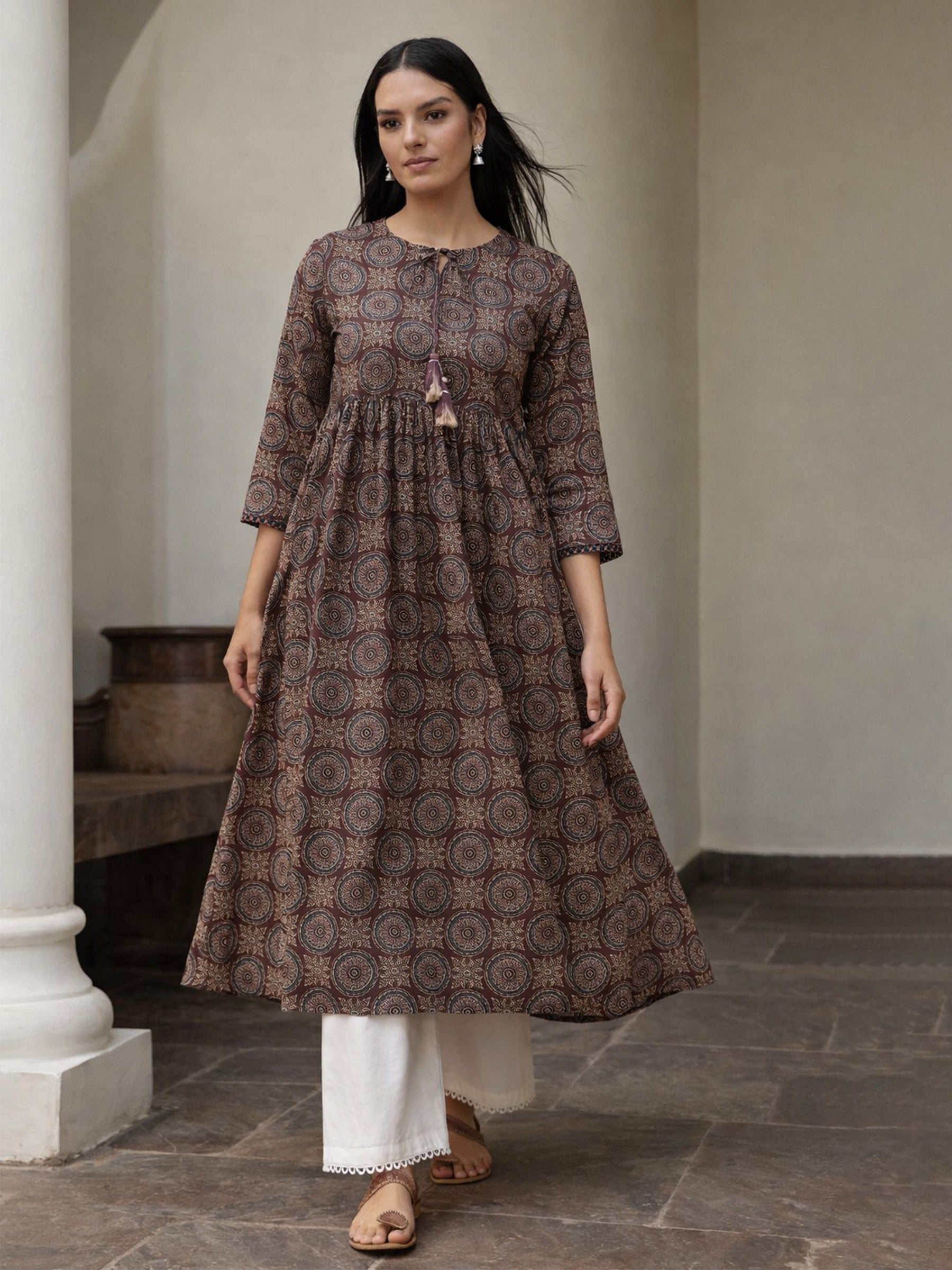 Brown Geometric Print Gathered Kurta With Straight Pant-Shae by SASSAFRAS
