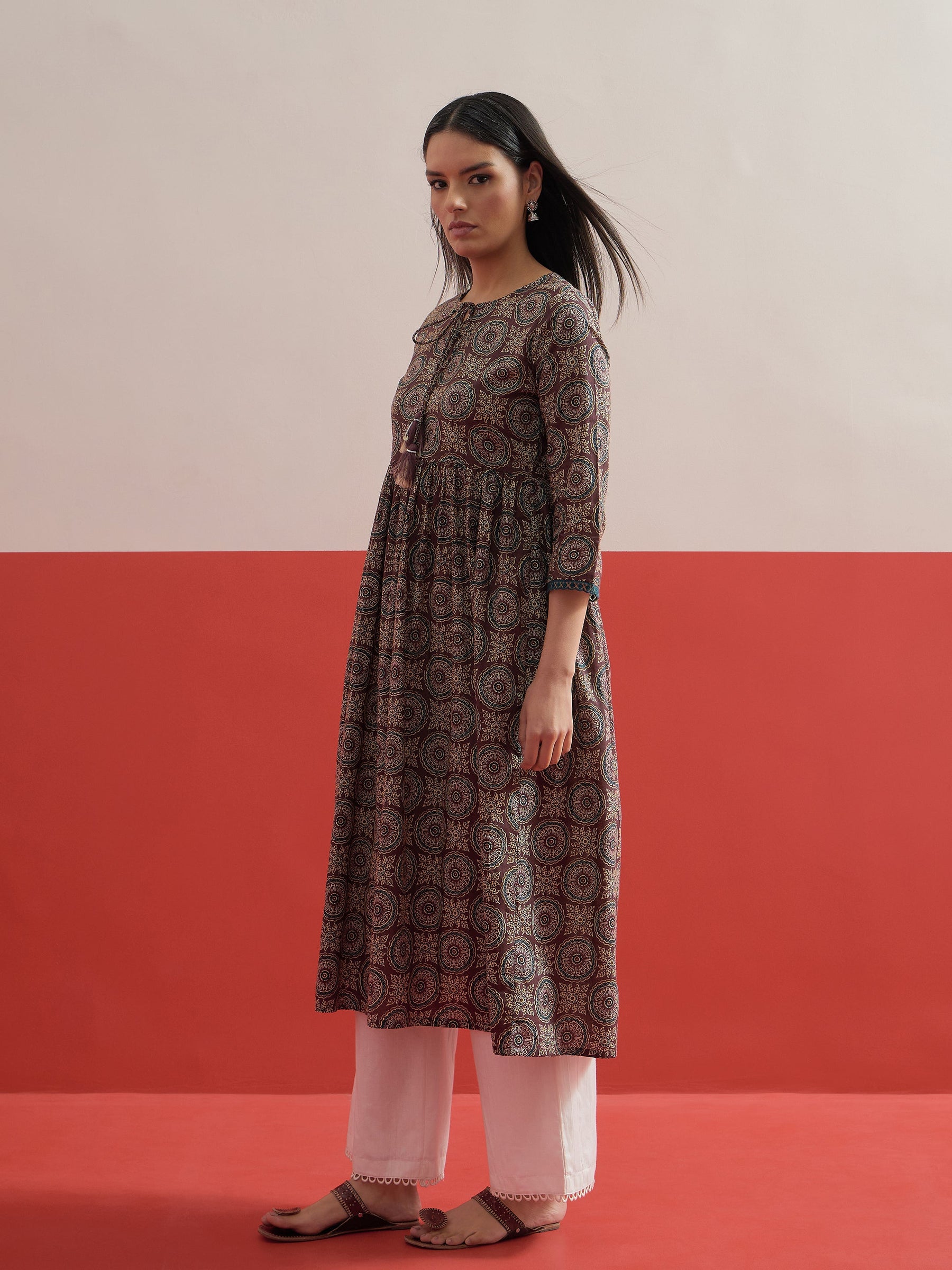 Brown Geometric Print Gathered Kurta With Straight Pant-Shae by SASSAFRAS