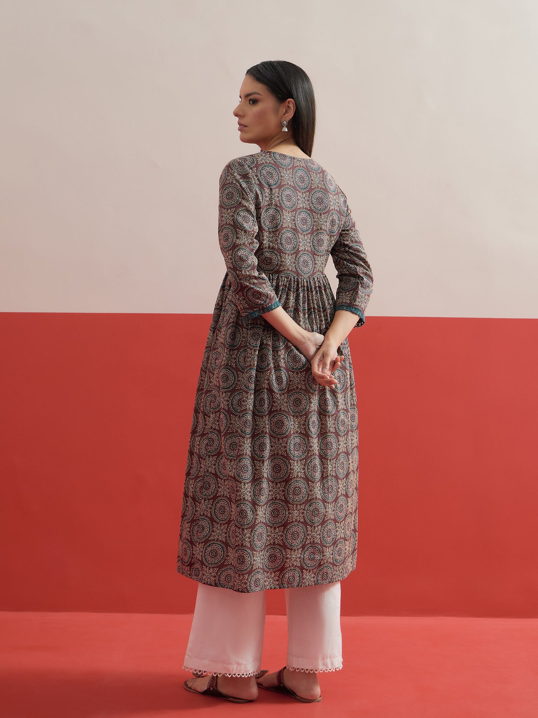 Brown Geometric Print Gathered Kurta With Straight Pant-Shae by SASSAFRAS