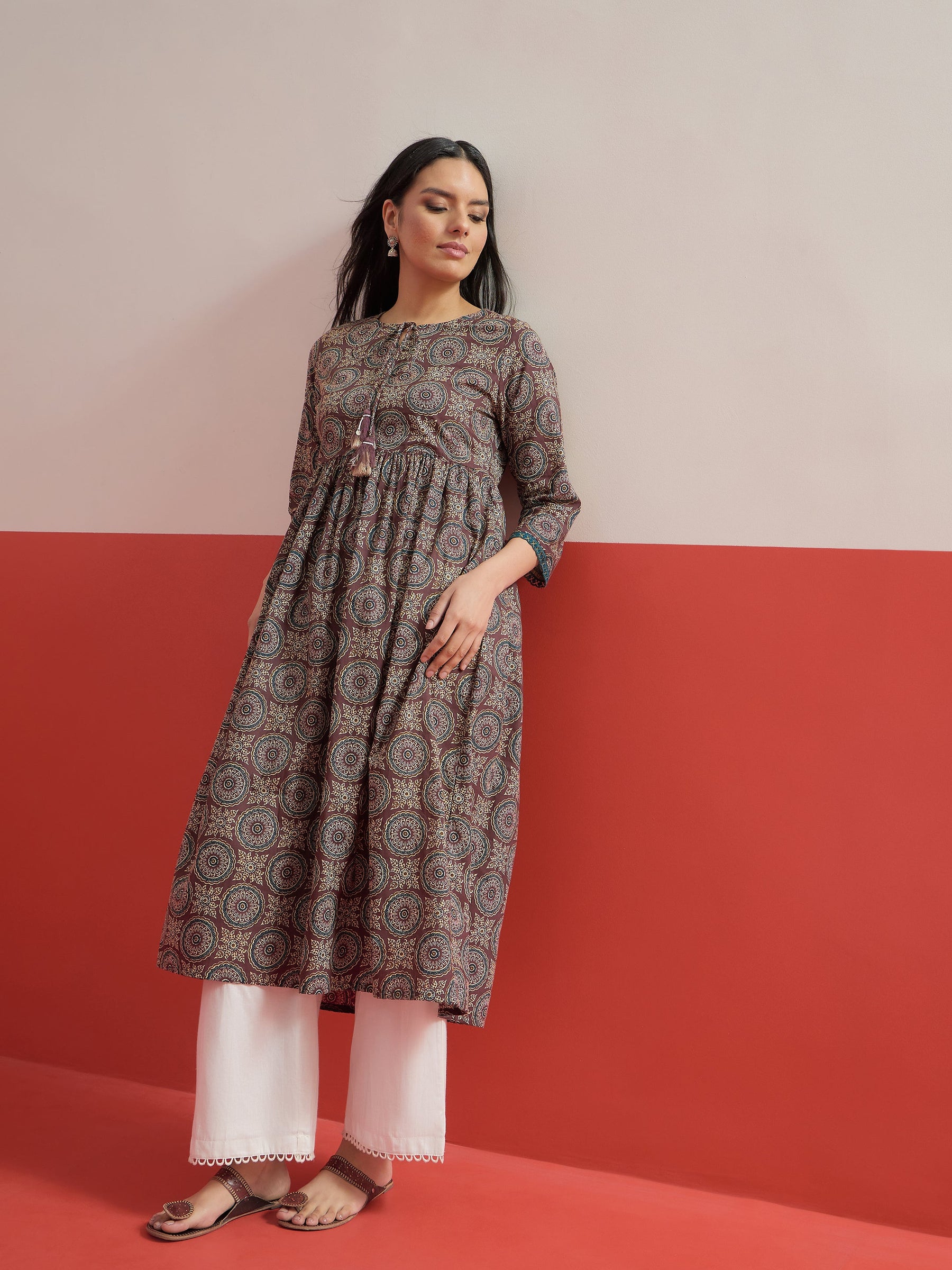 Brown Geometric Print Gathered Kurta With Straight Pant-Shae by SASSAFRAS