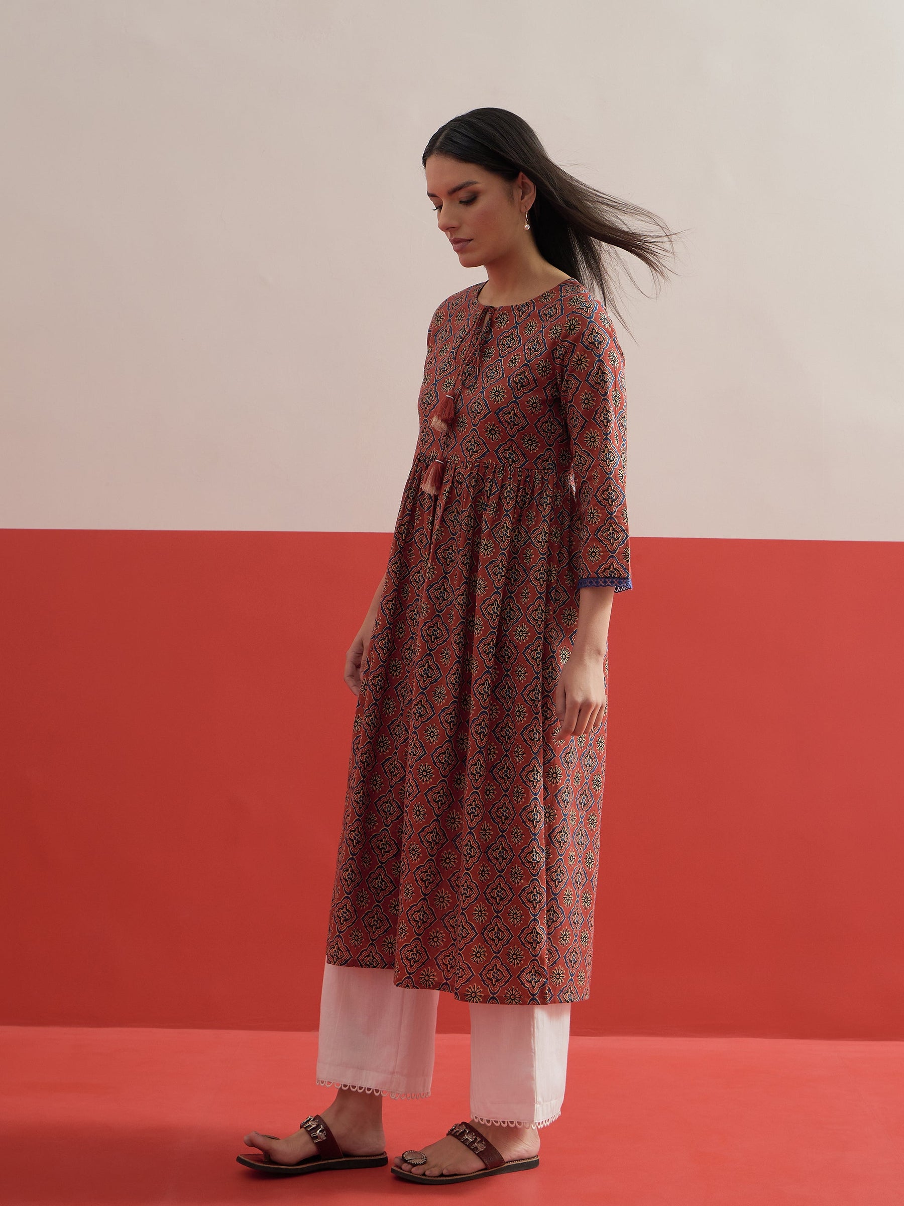 Maroon Geometric Print Gathered Kurta-Shae by SASSAFRAS