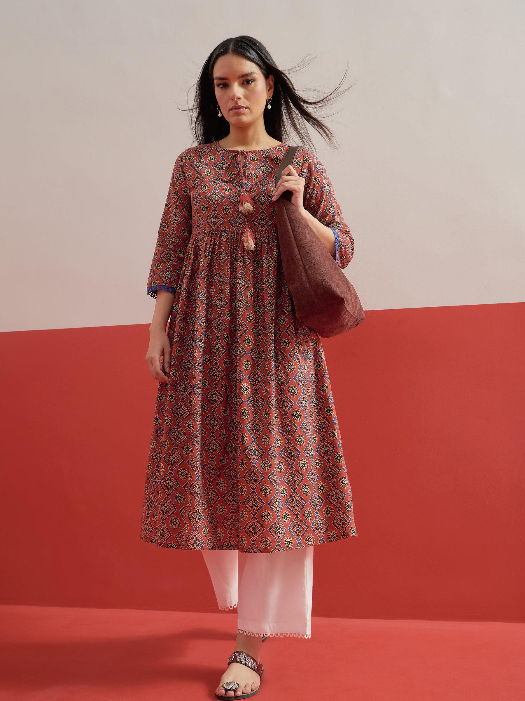 Maroon Geometric Print Gathered Kurta With Straight Pant-Shae by SASSAFRAS