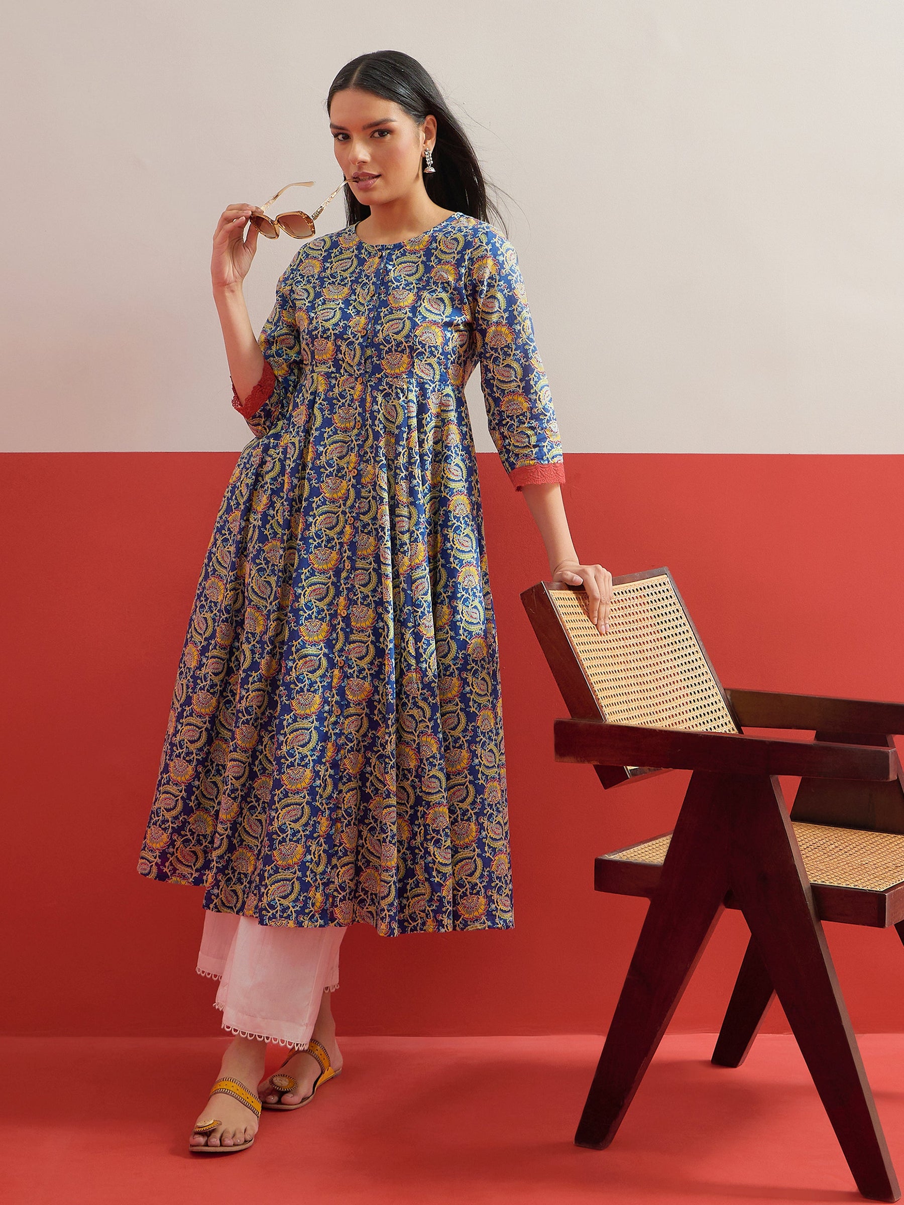 Blue Floral Front Open Anarkali Kurta-Shae by SASSAFRAS
