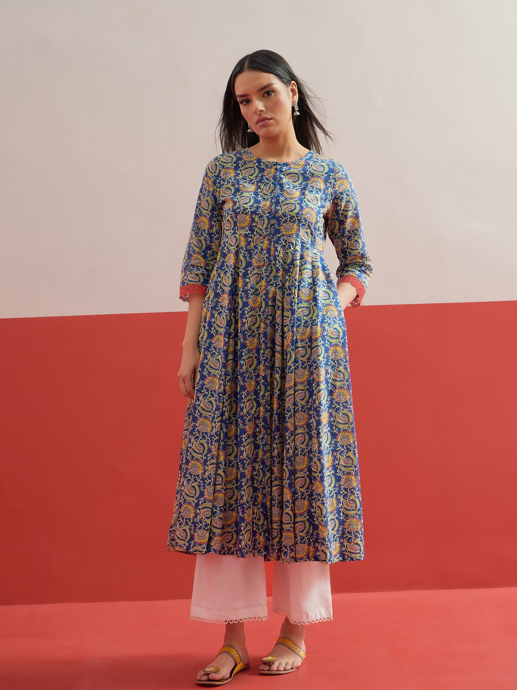 Blue Floral Front Open Anarkali Kurta-Shae by SASSAFRAS