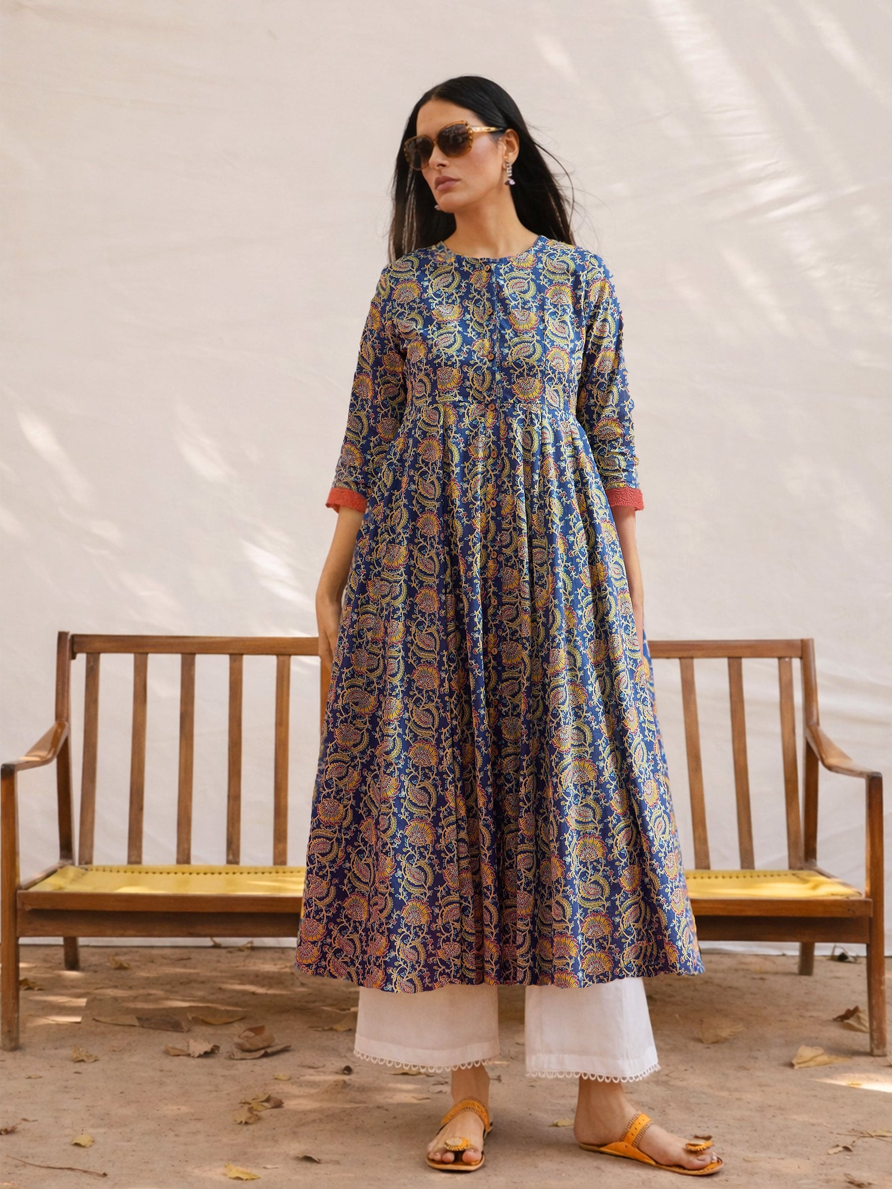 Blue Floral Front Open Anarkali Kurta With Straight Pant-Shae by SASSAFRAS