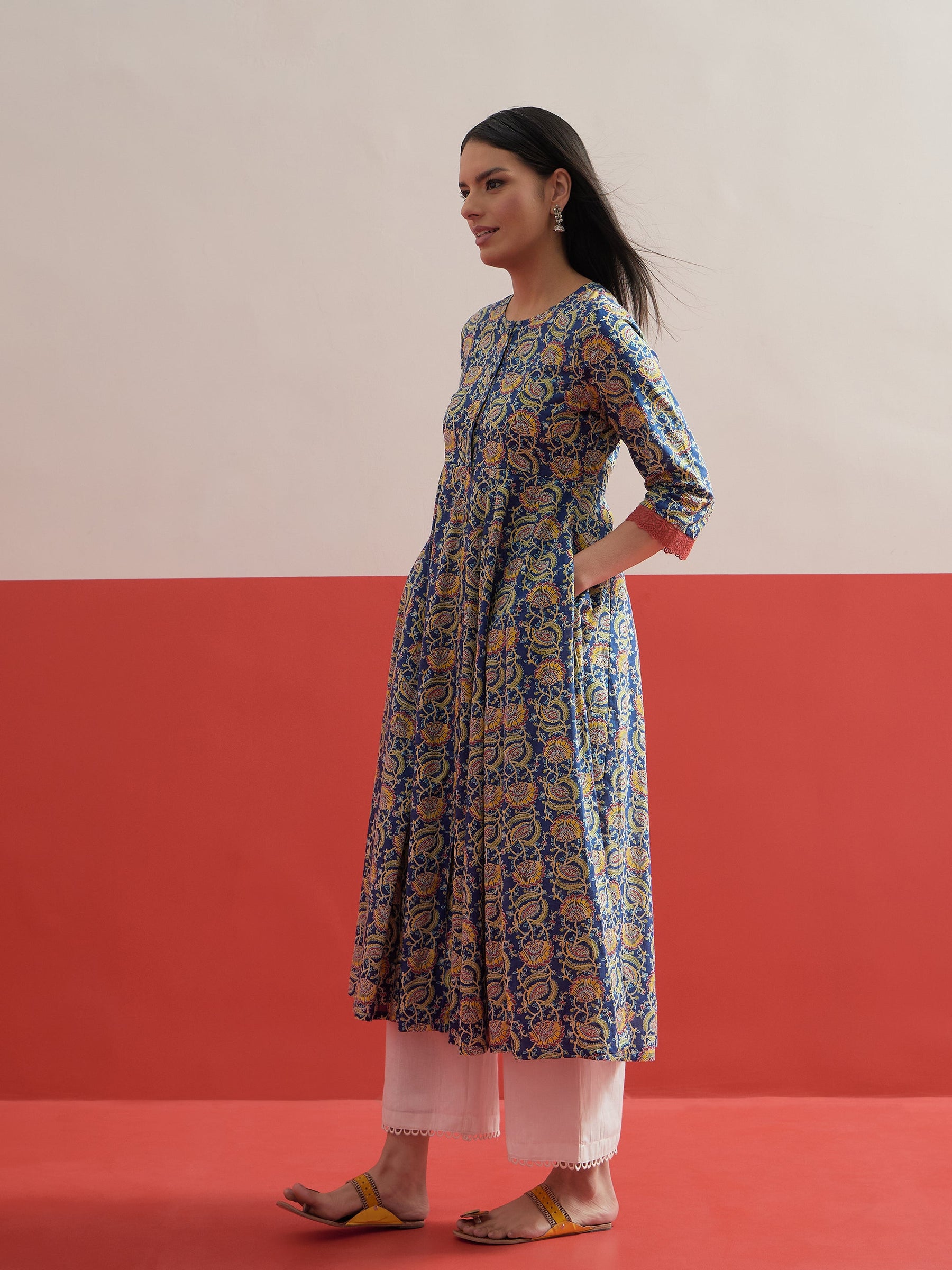 Blue Floral Front Open Anarkali Kurta With Straight Pant-Shae by SASSAFRAS