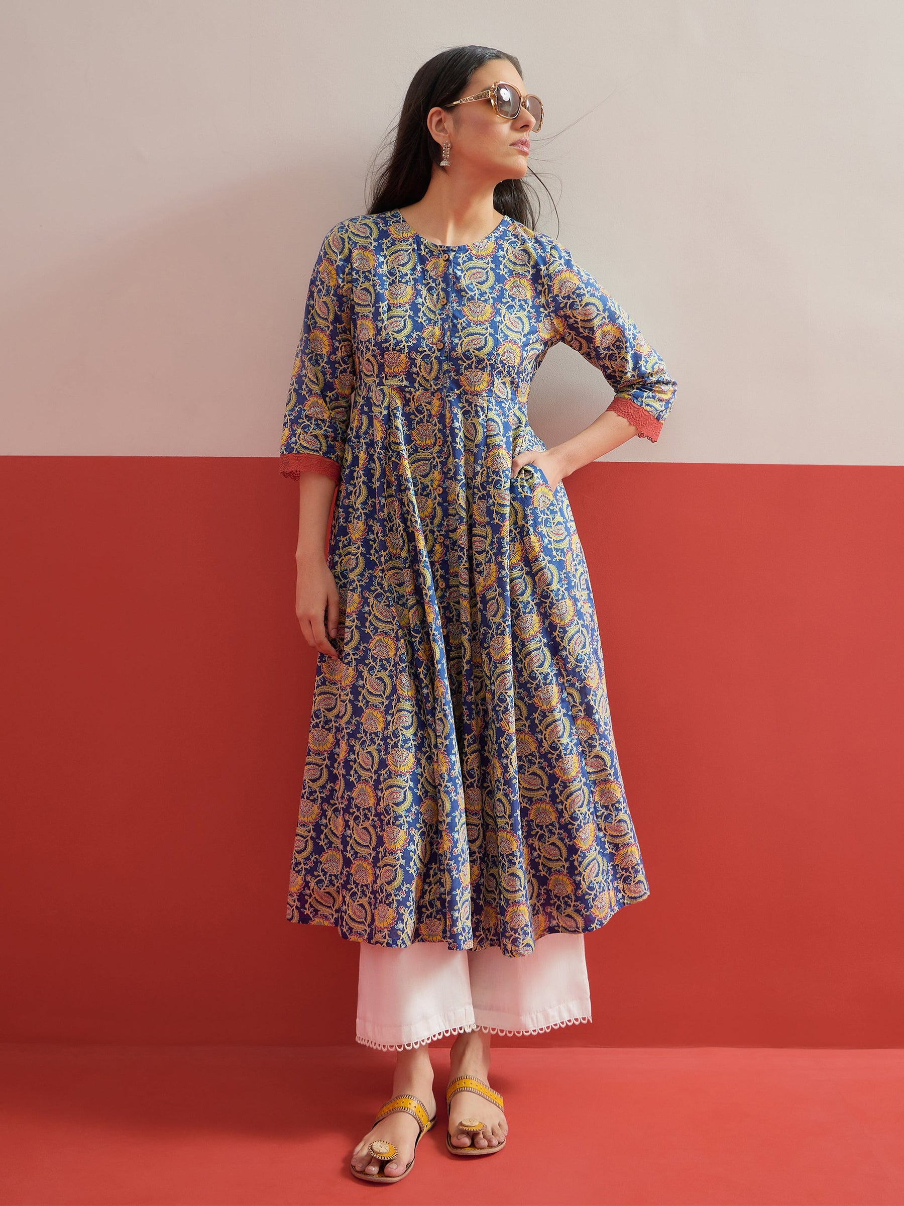 Blue Floral Front Open Anarkali Kurta With Straight Pant-Shae by SASSAFRAS