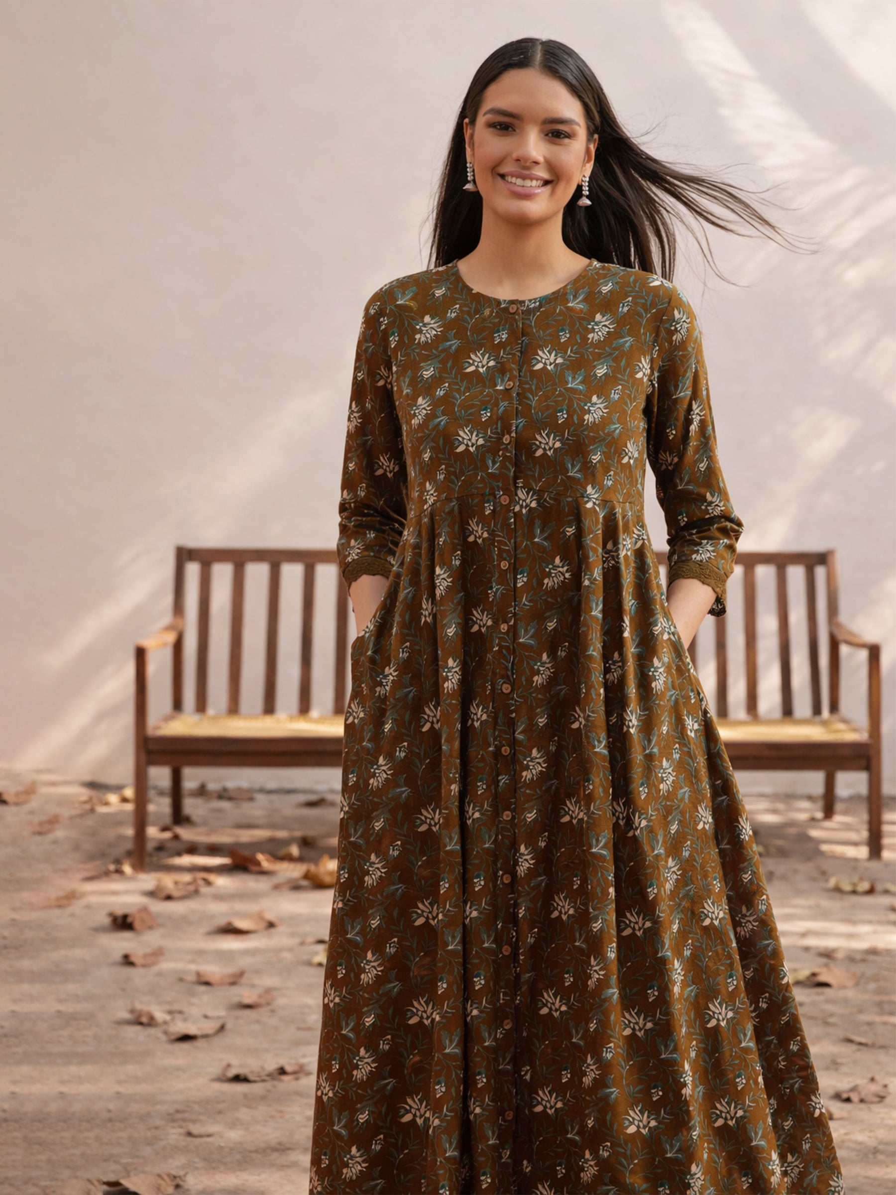 Olive Floral Front Open Anarkali Kurta-Shae by SASSAFRAS