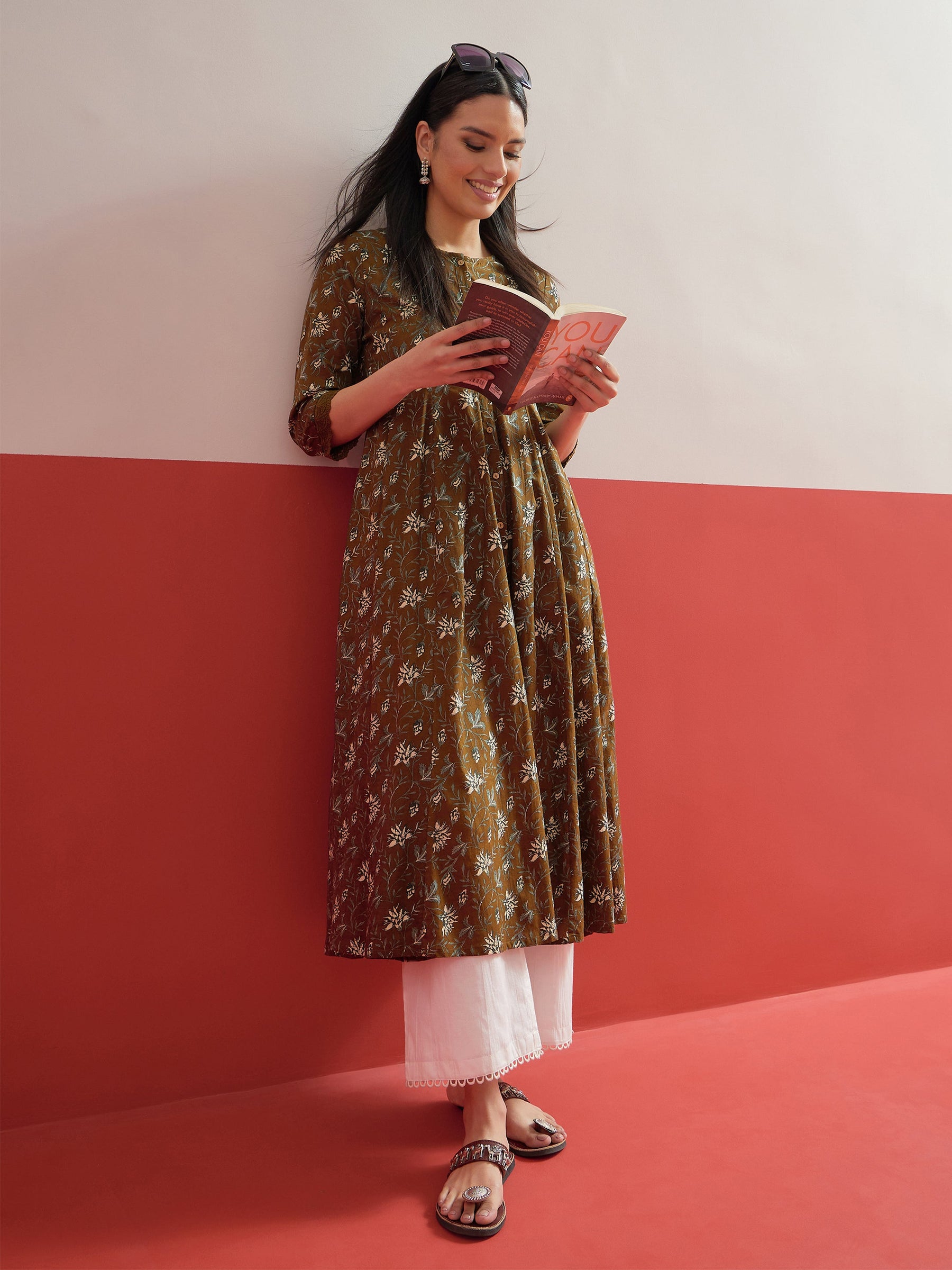 Olive Floral Front Open Anarkali Kurta-Shae by SASSAFRAS