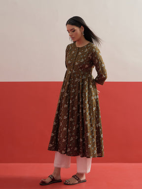 Olive Floral Front Open Anarkali Kurta-Shae by SASSAFRAS