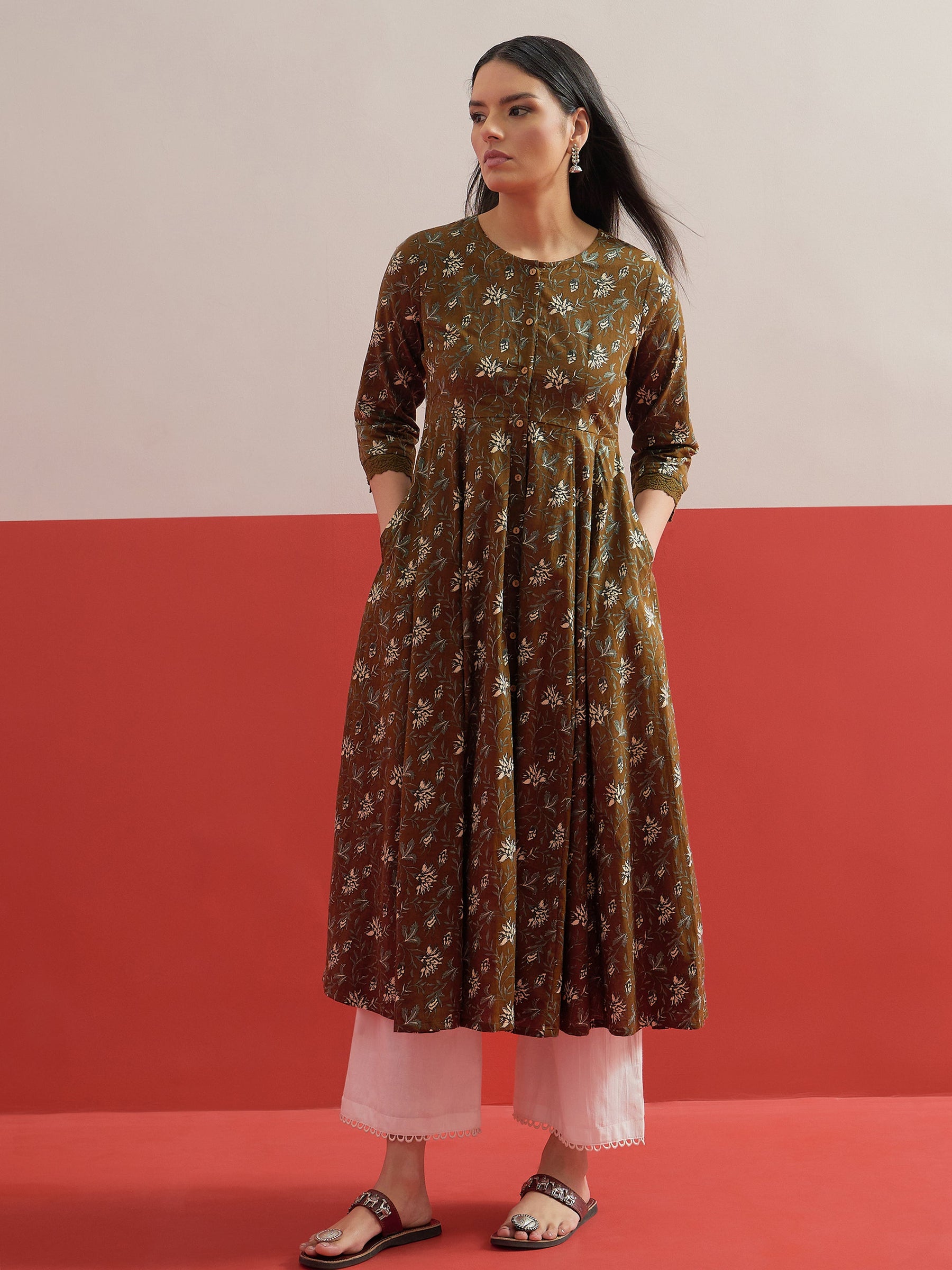 Olive Floral Front Open Anarkali Kurta-Shae by SASSAFRAS