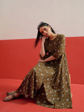 Olive Floral Front Open Anarkali Kurta With Straight Pant-Shae by SASSAFRAS