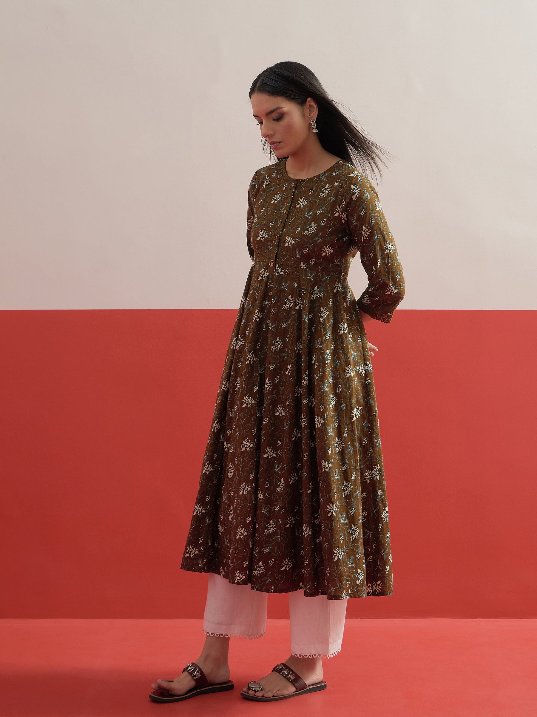 Olive Floral Front Open Anarkali Kurta With Straight Pant-Shae by SASSAFRAS