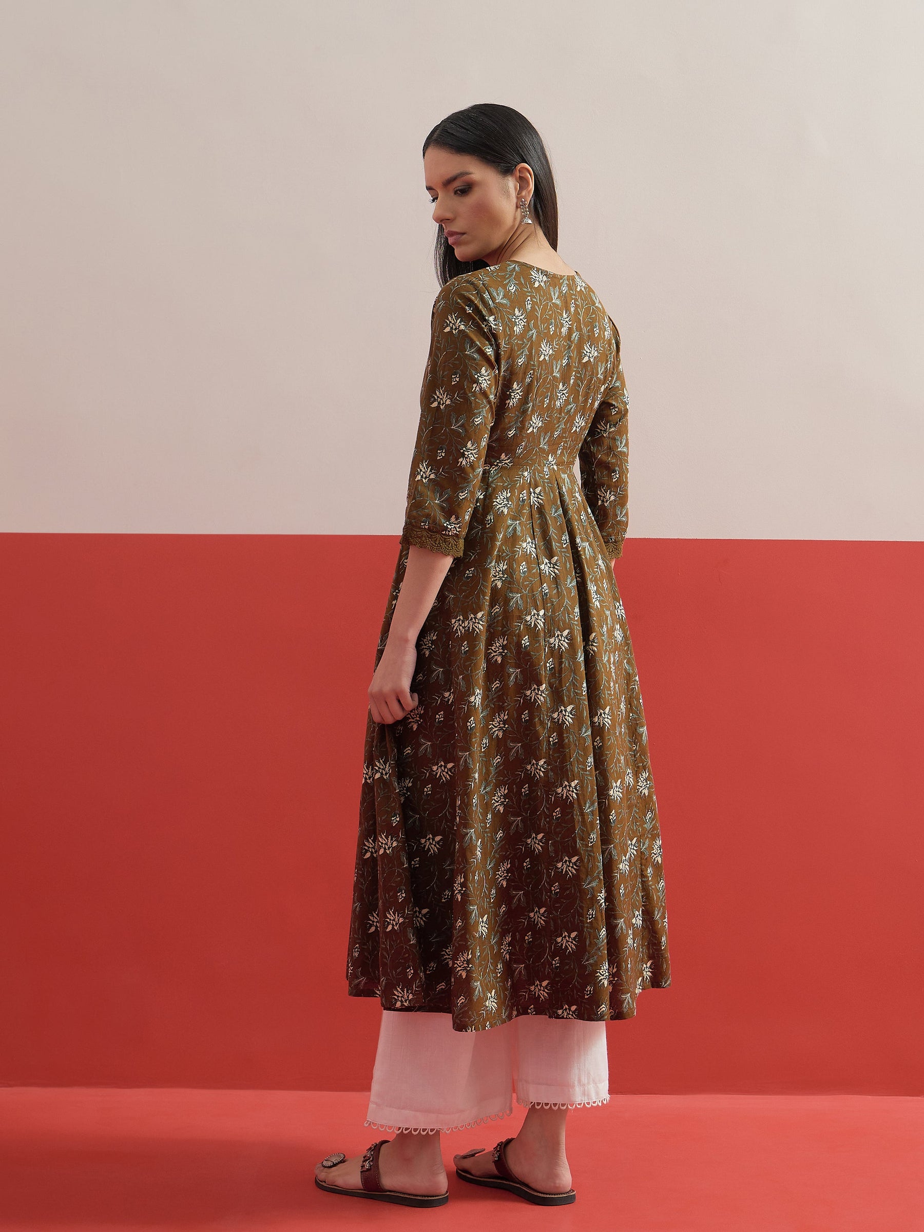 Olive Floral Front Open Anarkali Kurta With Straight Pant-Shae by SASSAFRAS
