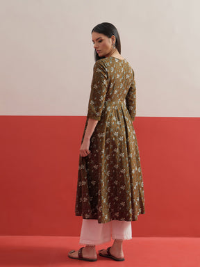 Olive Floral Front Open Anarkali Kurta With Straight Pant-Shae by SASSAFRAS