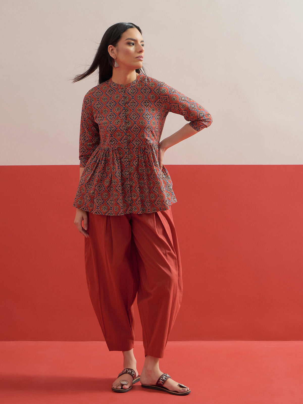 Maroon Geometric Front Button Gathered Kurti-Shae by SASSAFRAS
