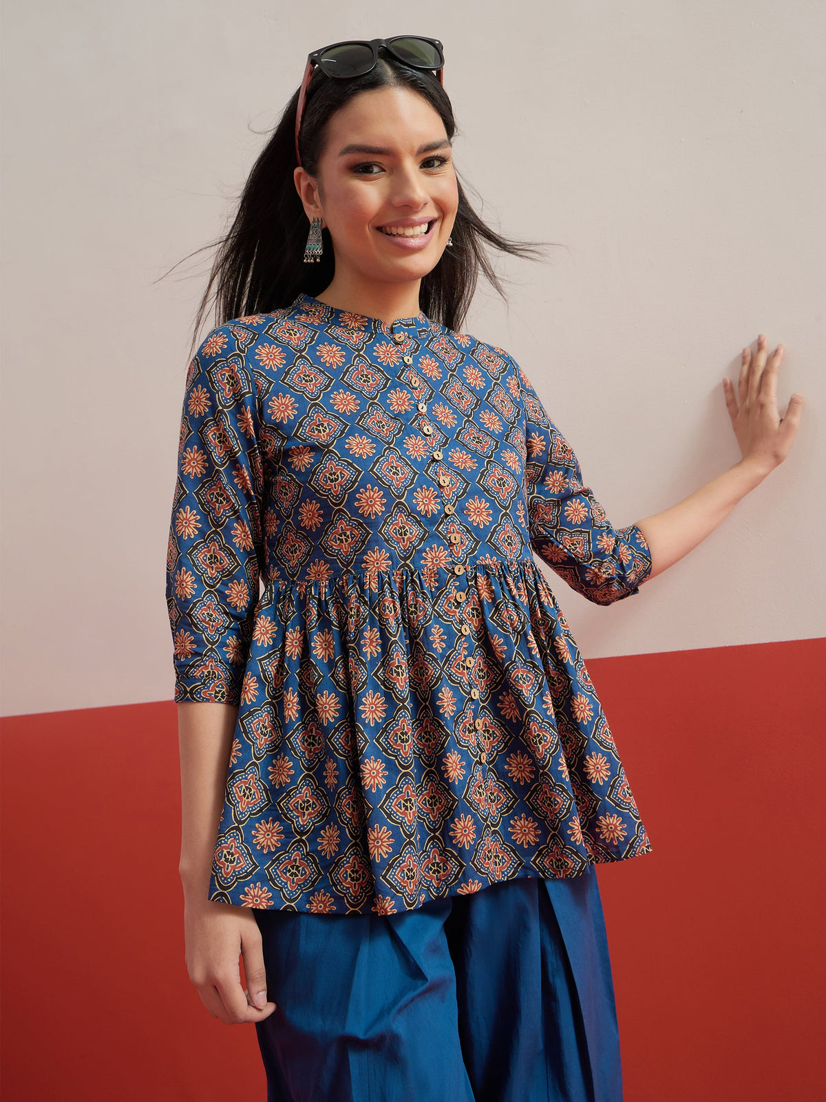 Blue Geometric Front Button Gathered Top-Shae by SASSAFRAS