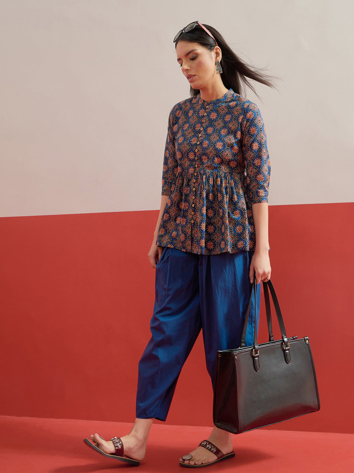 Blue Geometric Front Button Gathered Top-Shae by SASSAFRAS