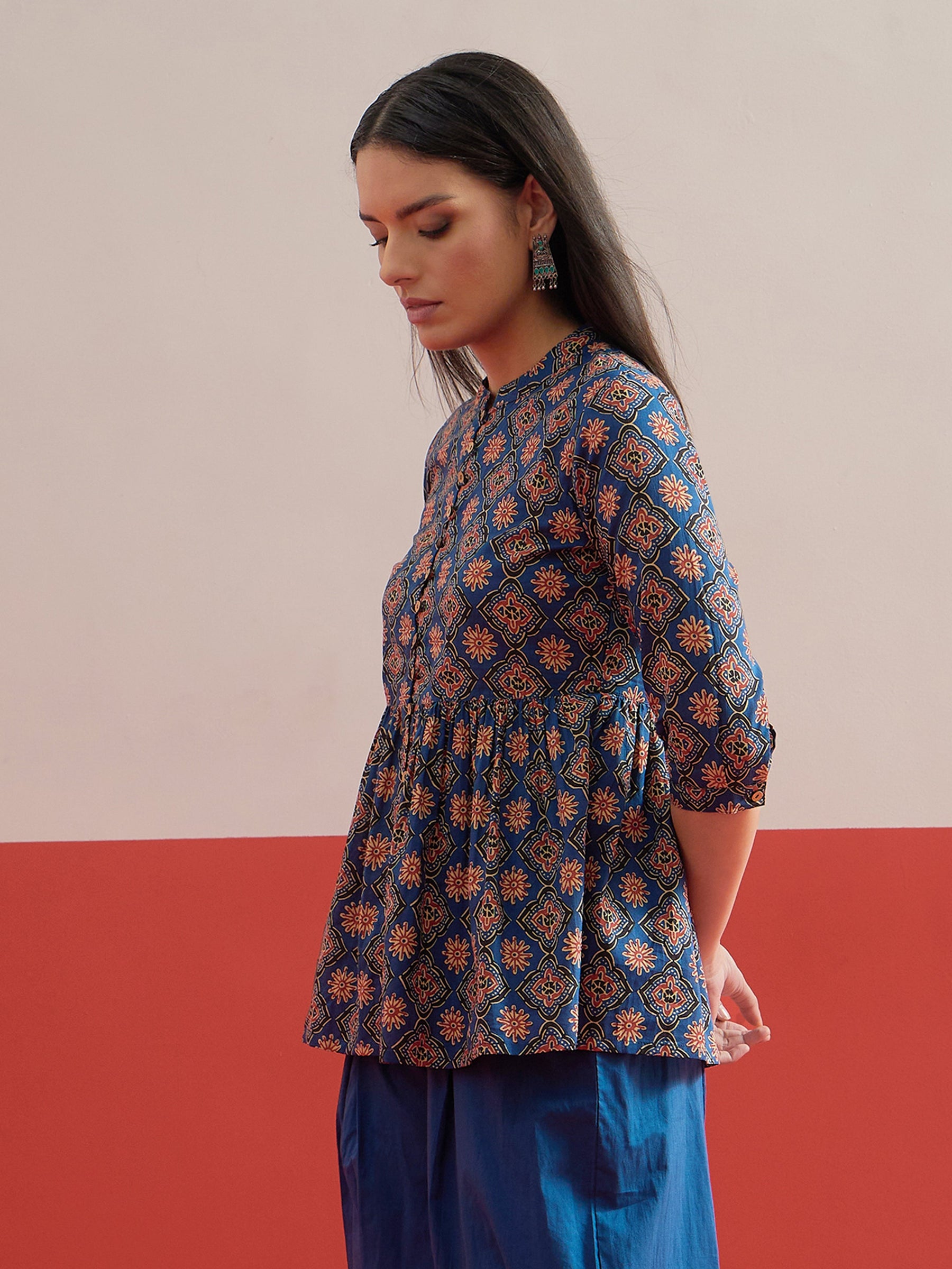 Blue Geometric Front Button Gathered Top-Shae by SASSAFRAS