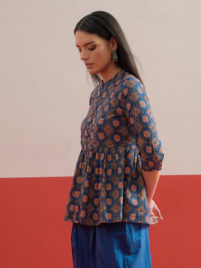 Blue Geometric Front Button Gathered Top-Shae by SASSAFRAS