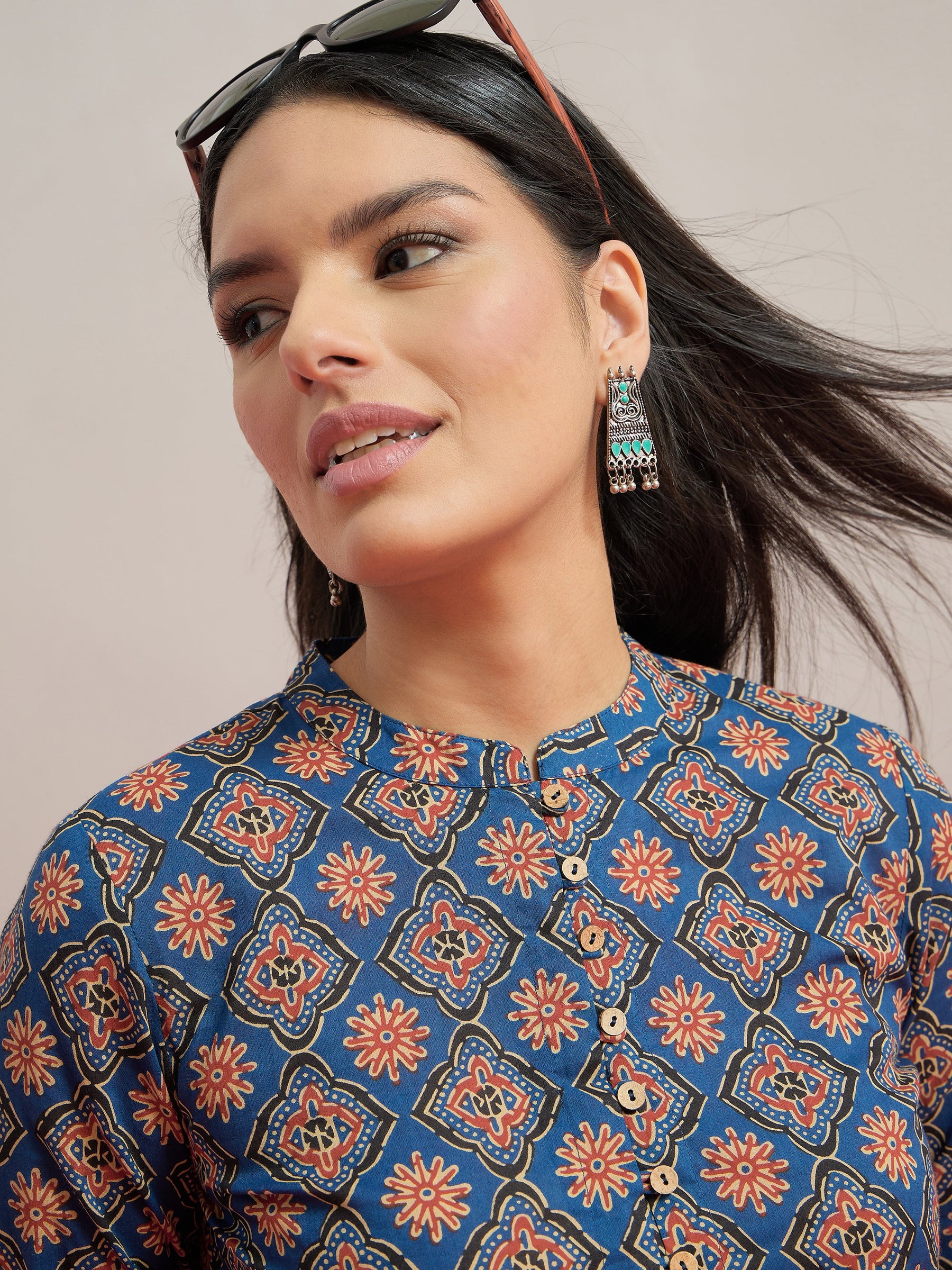 Blue Geometric Front Button Gathered Top-Shae by SASSAFRAS