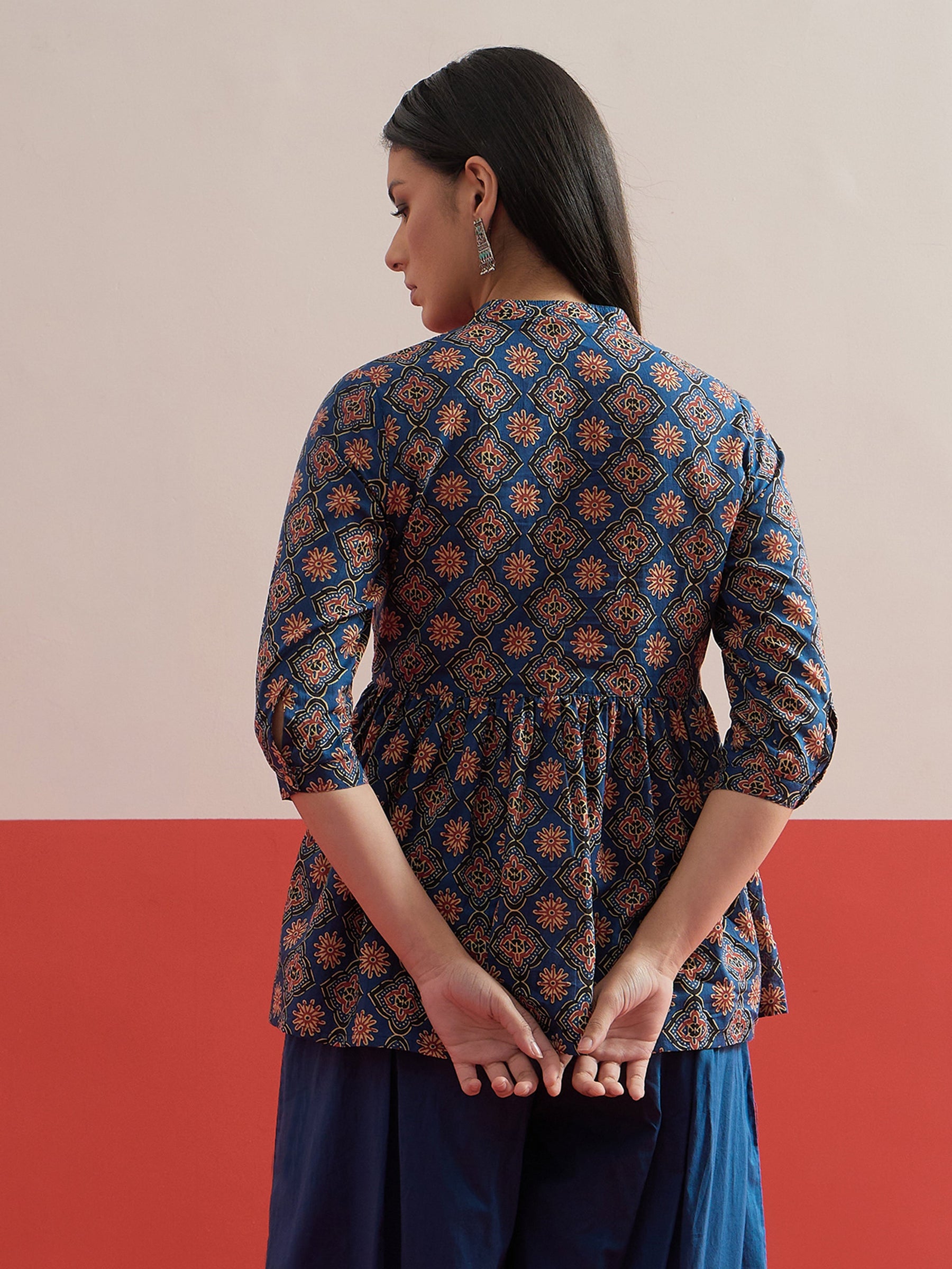 Blue Geometric Front Button Gathered Top-Shae by SASSAFRAS