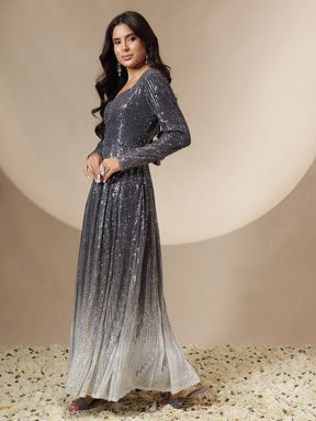 Black Ombre Sequin Sweetheart Neck Anarkali Kurta-Shae by SASSAFRAS