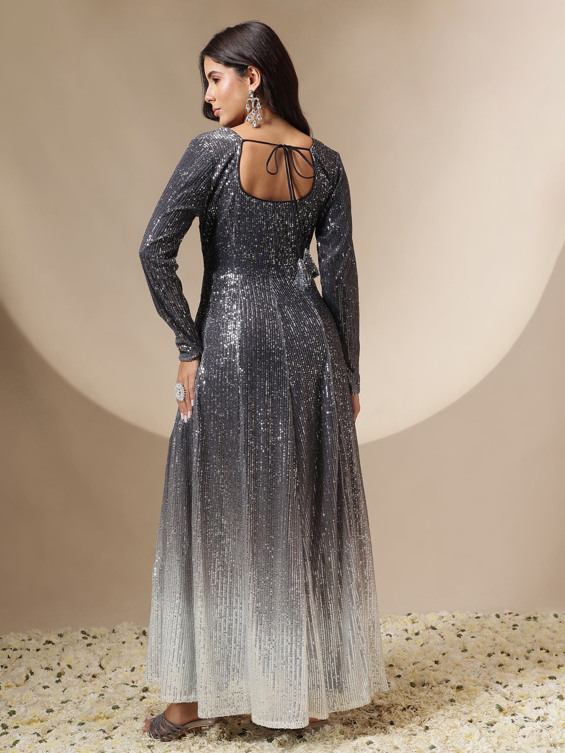 Black Ombre Sequin Sweetheart Neck Anarkali Kurta-Shae by SASSAFRAS