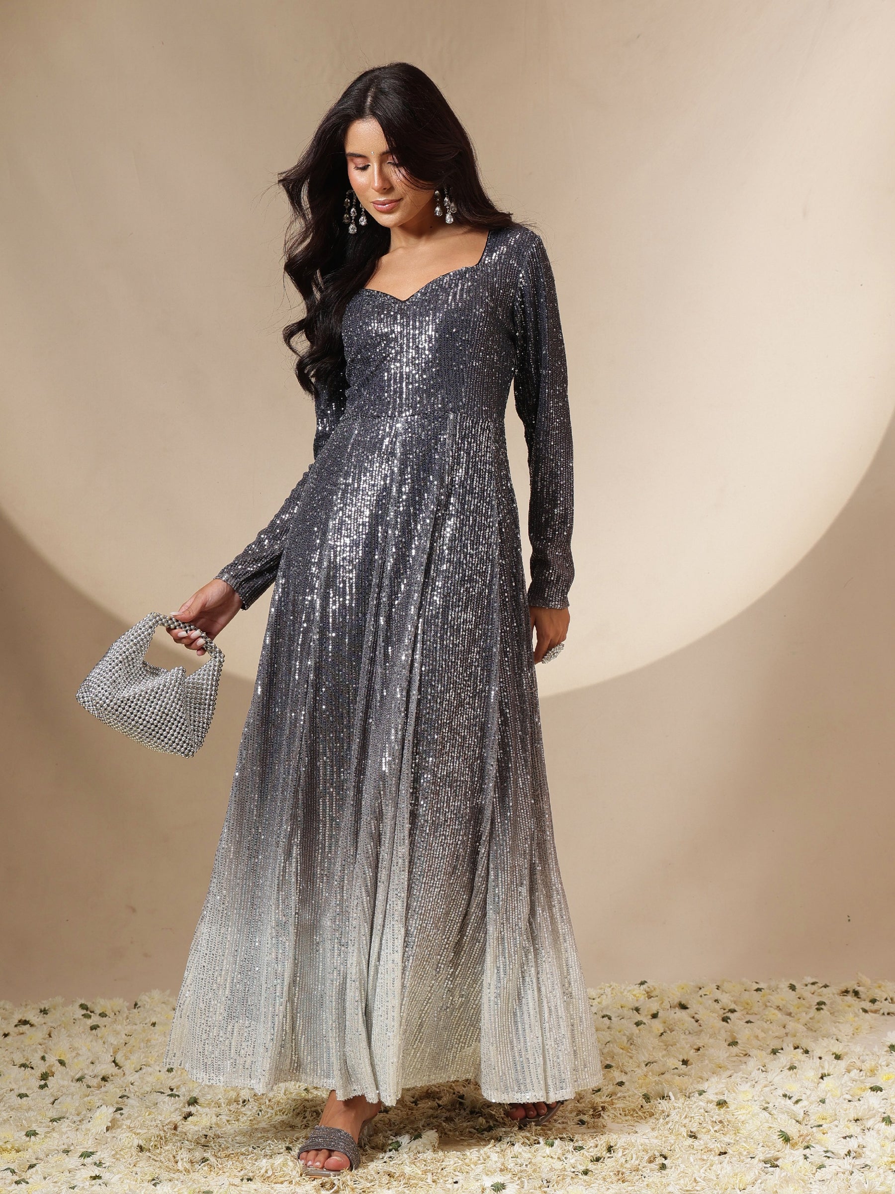 Women Black Ombre Sequin Sweetheart Neck Anarkali Kurta