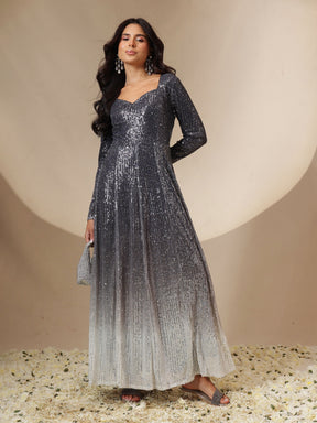 Women Black Ombre Sequin Sweetheart Neck Anarkali Kurta
