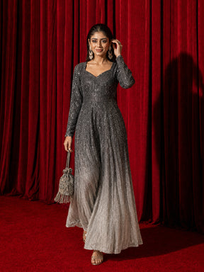 Black Ombre Sequin Sweetheart Neck Anarkali Kurta-Shae by SASSAFRAS