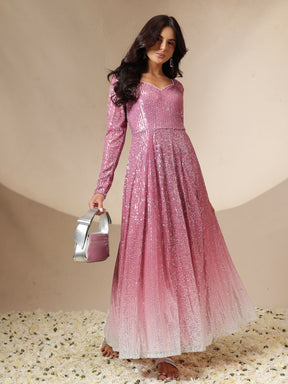 Pink Ombre Sequin Sweetheart Neck Anarkali Kurta-Shae by SASSAFRAS