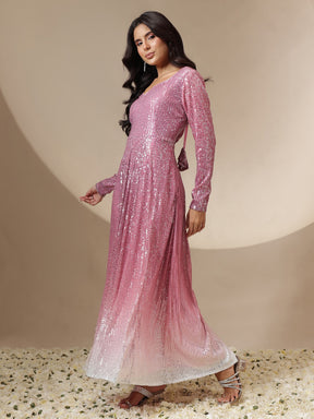 Pink Ombre Sequin Sweetheart Neck Anarkali Kurta-Shae by SASSAFRAS
