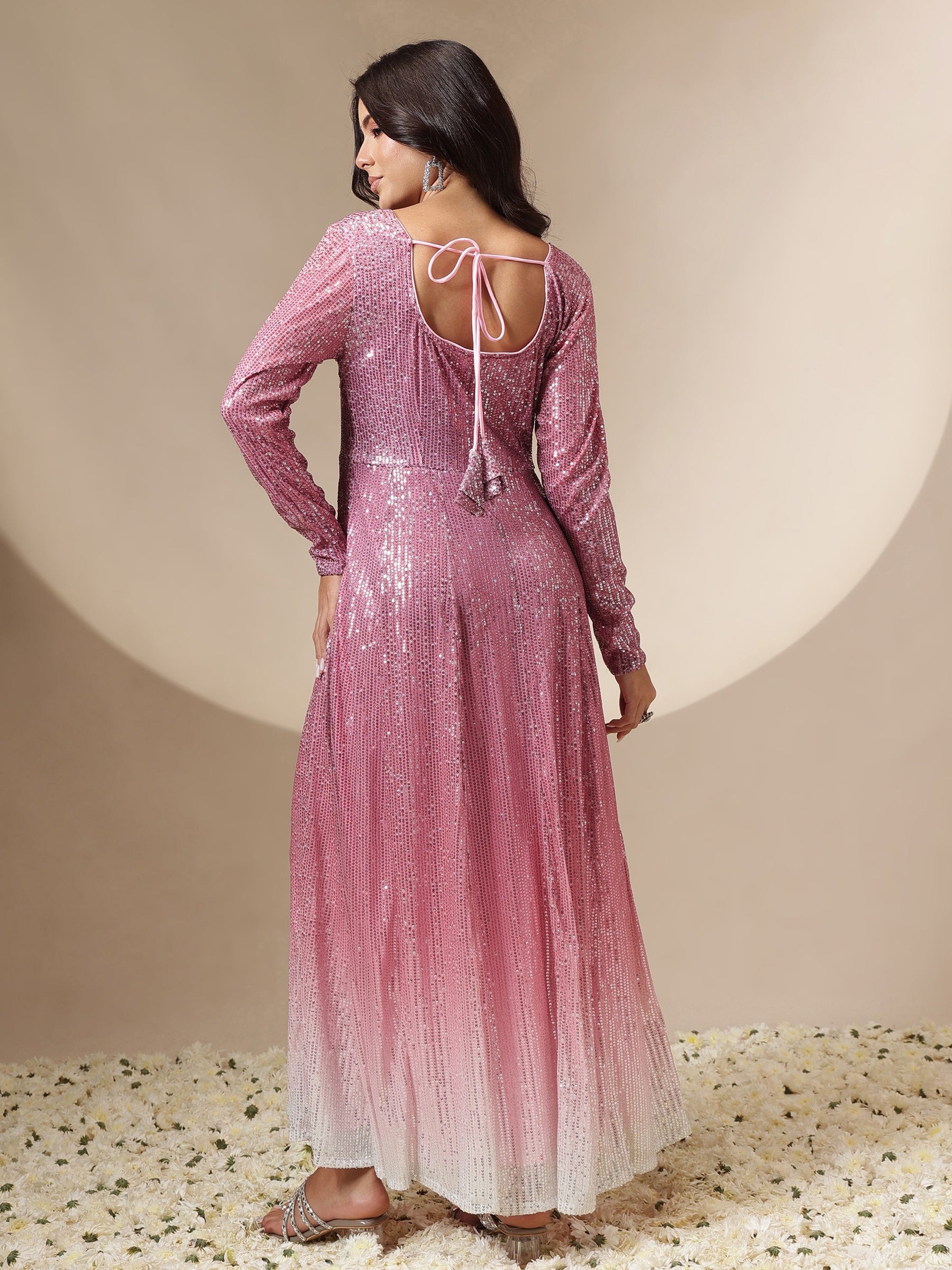 Pink Ombre Sequin Sweetheart Neck Anarkali Kurta-Shae by SASSAFRAS