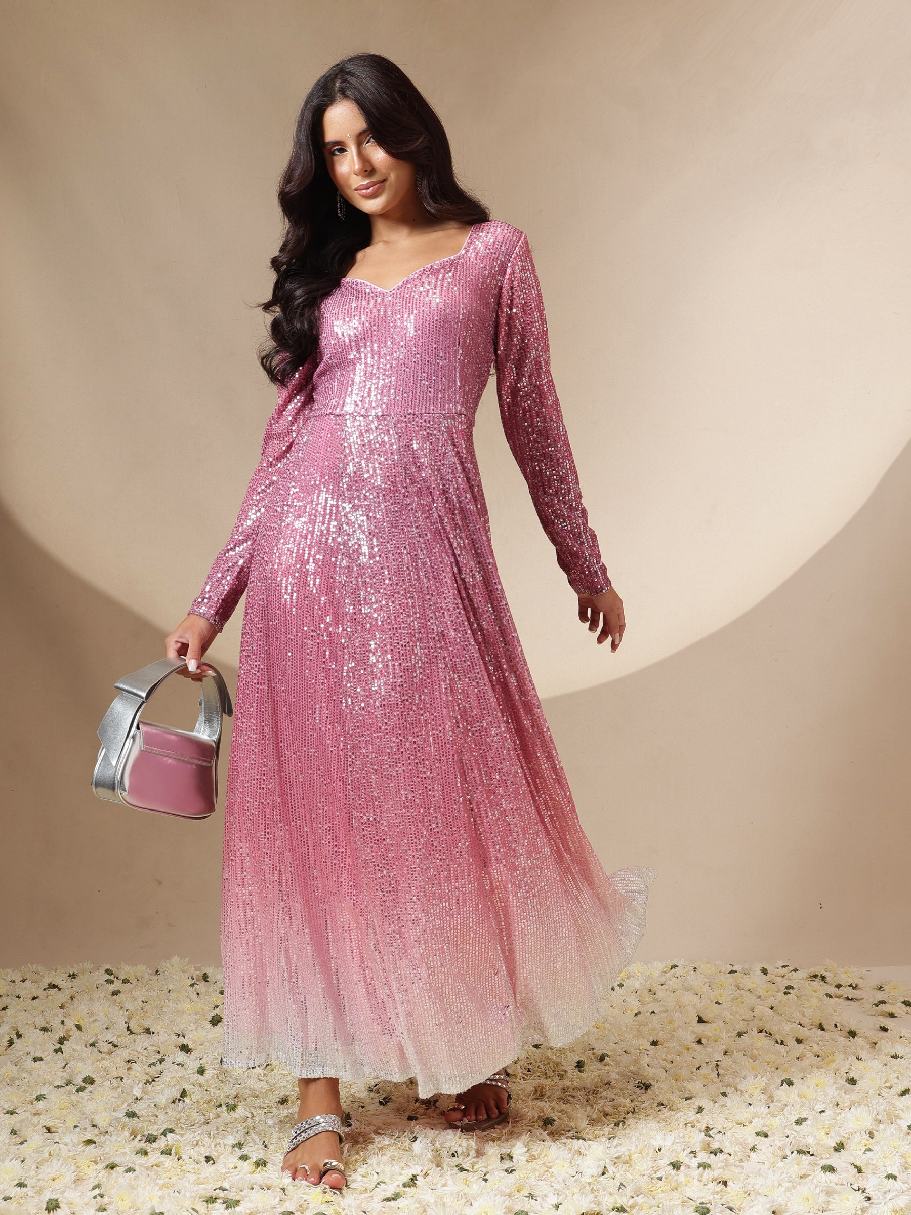 Women Pink Ombre Sequin Sweetheart Neck Anarkali Kurta